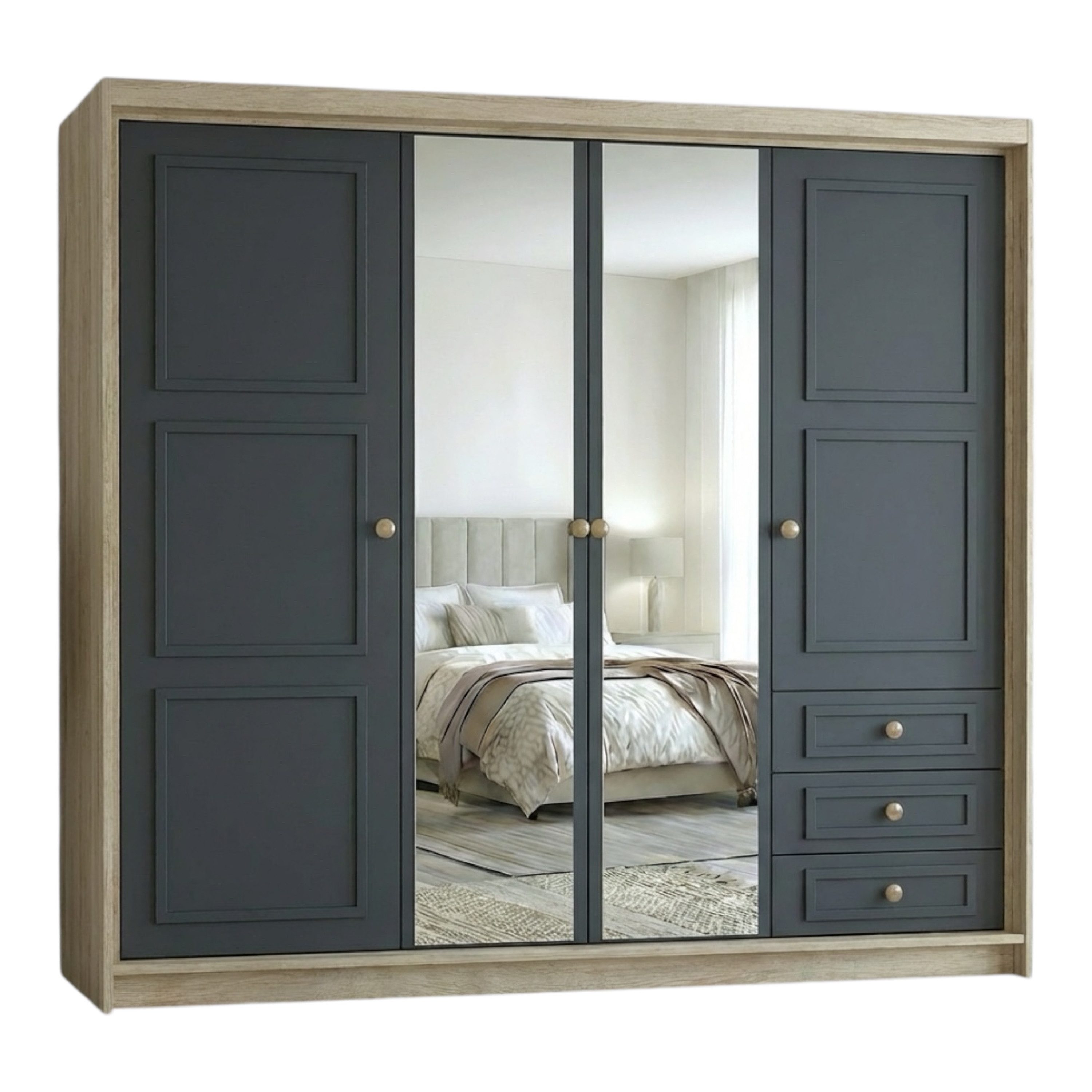 A&J MöbelLand GmbH Drehtürenschrank OSLO viertüriger Kleiderschrank mit Schubladen und Metallgriffen (Geräumiger viertüriger Kleiderschrank mit Schubladen und Metallgriffen. Geräumiger Schrank mit einer Breite von 200 cm und Schubladen, ideal zur Aufbewah