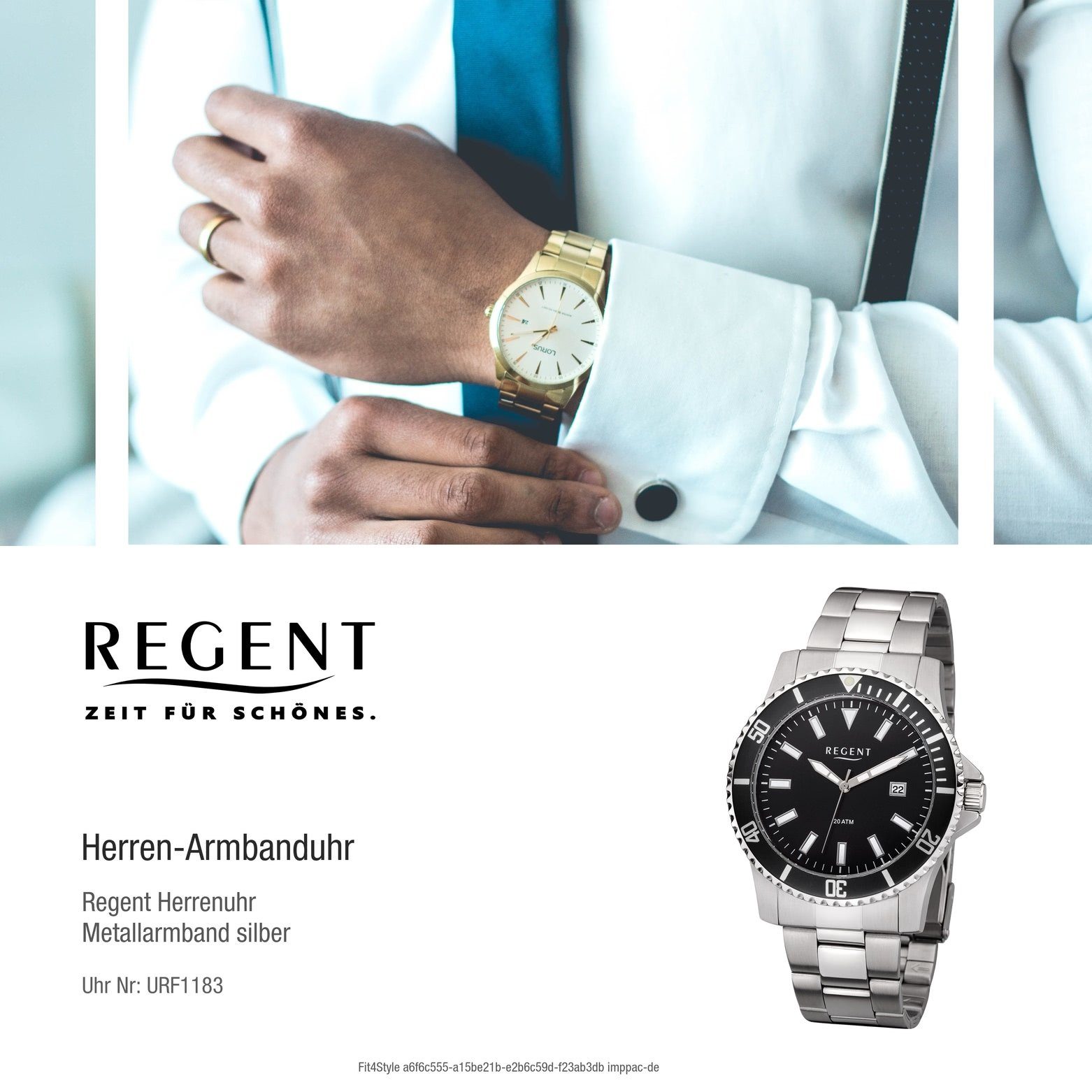 Regent Quarzuhr Regent groß (ca. Herren Metall Uhr Quarz, Herren F-1183 Armbanduhr 43mm), Metallarmband rund