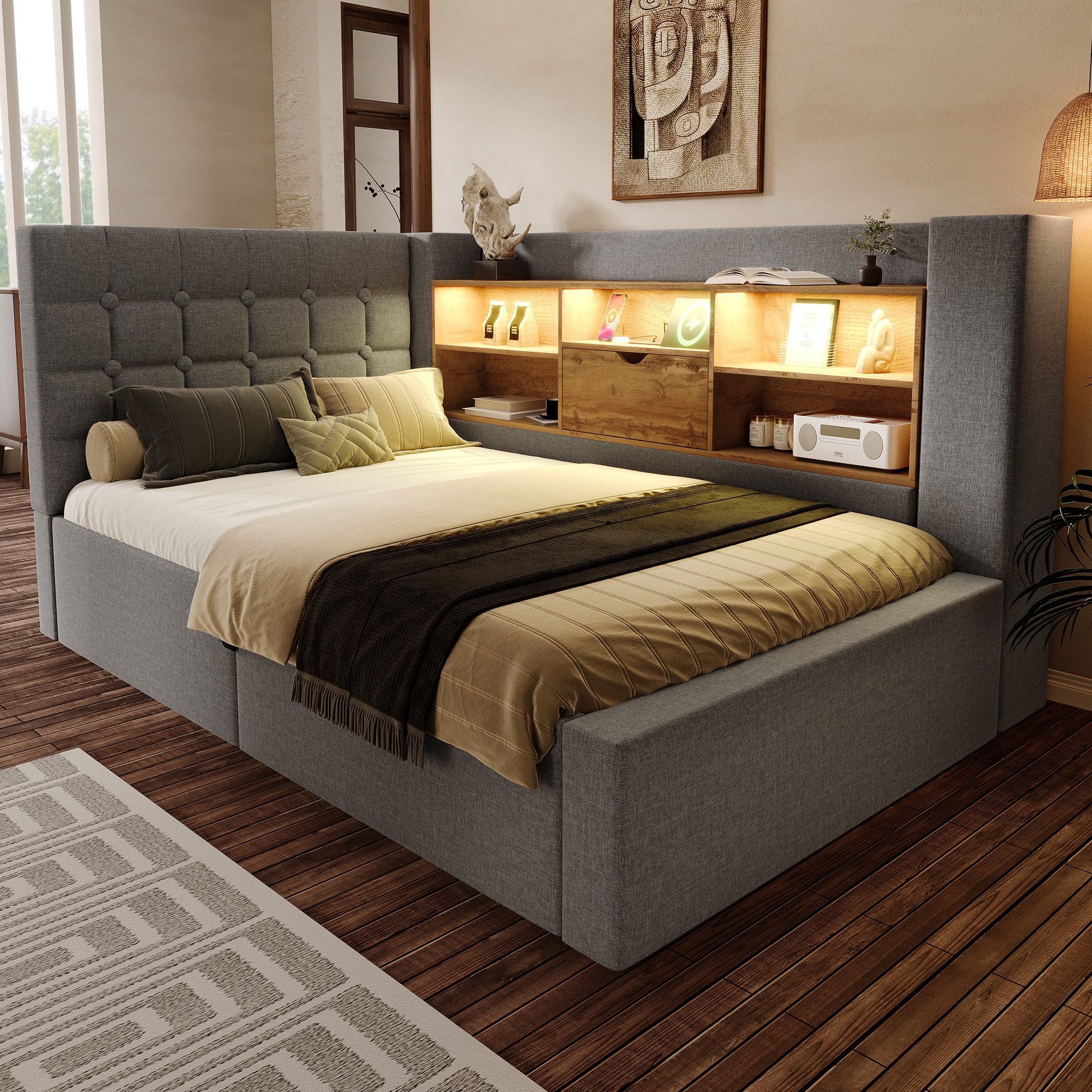 OKWISH Polsterbett Bett 90x190 cm mit Hydraulik-Stauraum und LED-Beleuchtung (Struraumbett, Funktionsbett, 1-tlg., L-förmigem Kopfteil mit Stauraum, beidseitig montierbar), Hydraulisches Bett mit LED-Beleuchtung & USB/Type-C Ladestation