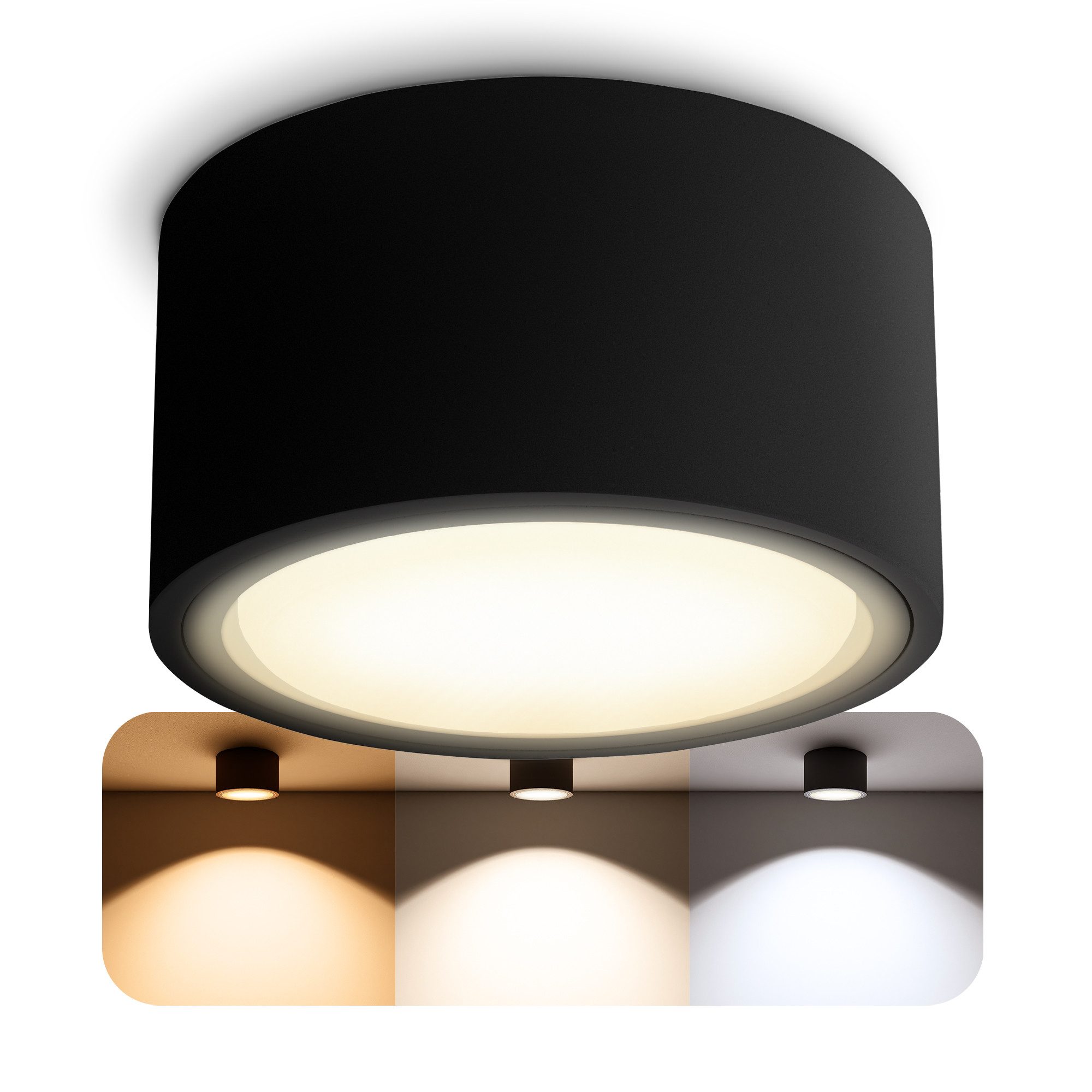 SSC-LUXon LED Aufbaustrahler CELI-X flacher LED Aufbauspot dimmbar schwarz mit 6W LED GX53 3CCT, Neutralweiß, Warmweiß, Tageslichtweiß