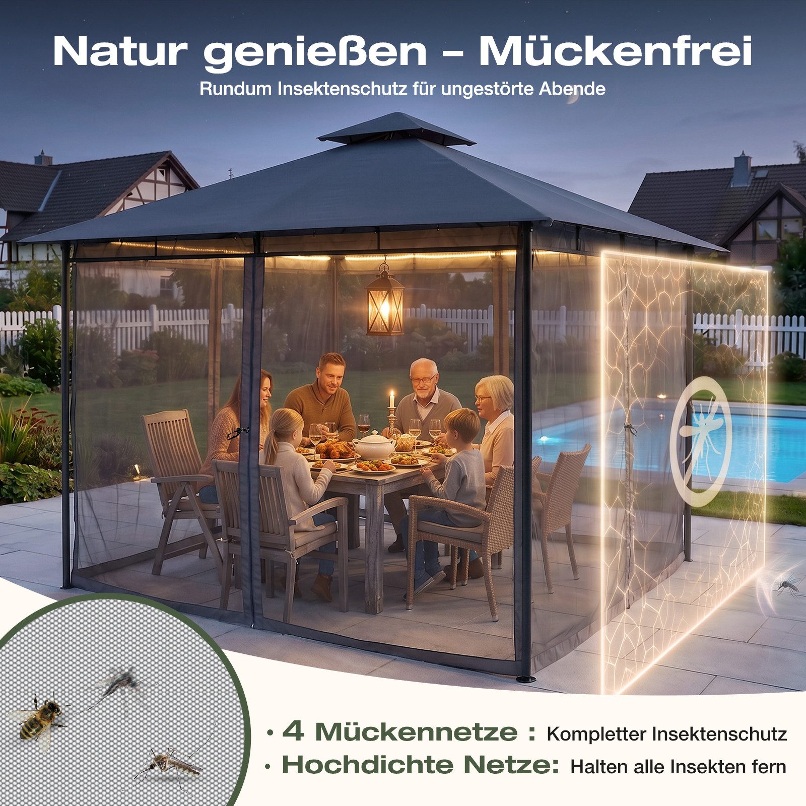 Sekey Pavillon 3 x 3m Pavillon Partyzelt Gartenpavillon mit Moskitonetz, Doppeldach, mit 4 Seitenteilen, Stabil, Wasserdicht, Winfest, Sonnenschutz
