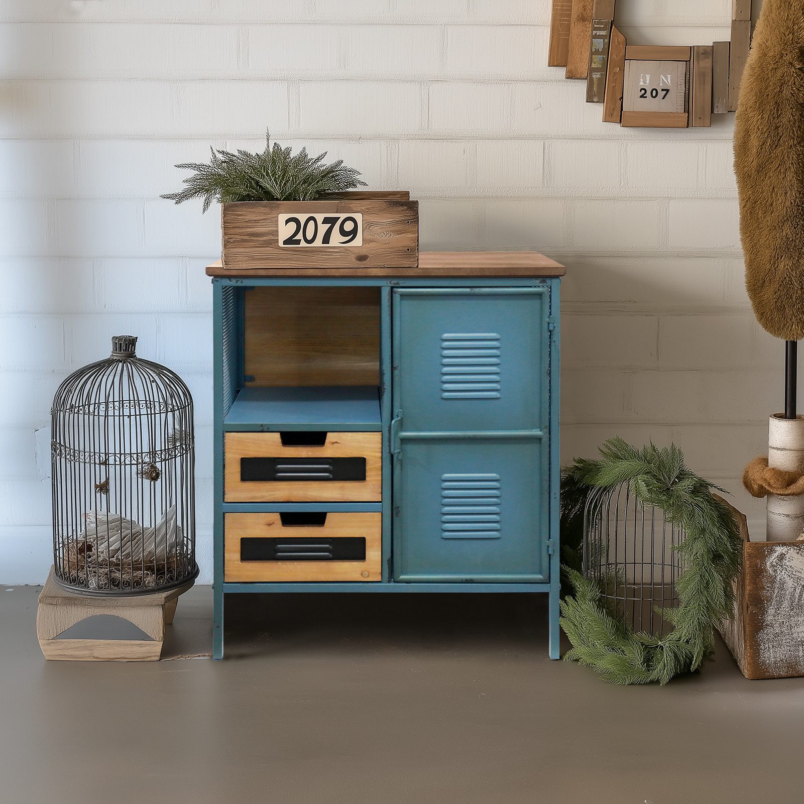 Kommode Sideboard in Industriestil, Retro Kommode Metallschrank mit Holzplatte