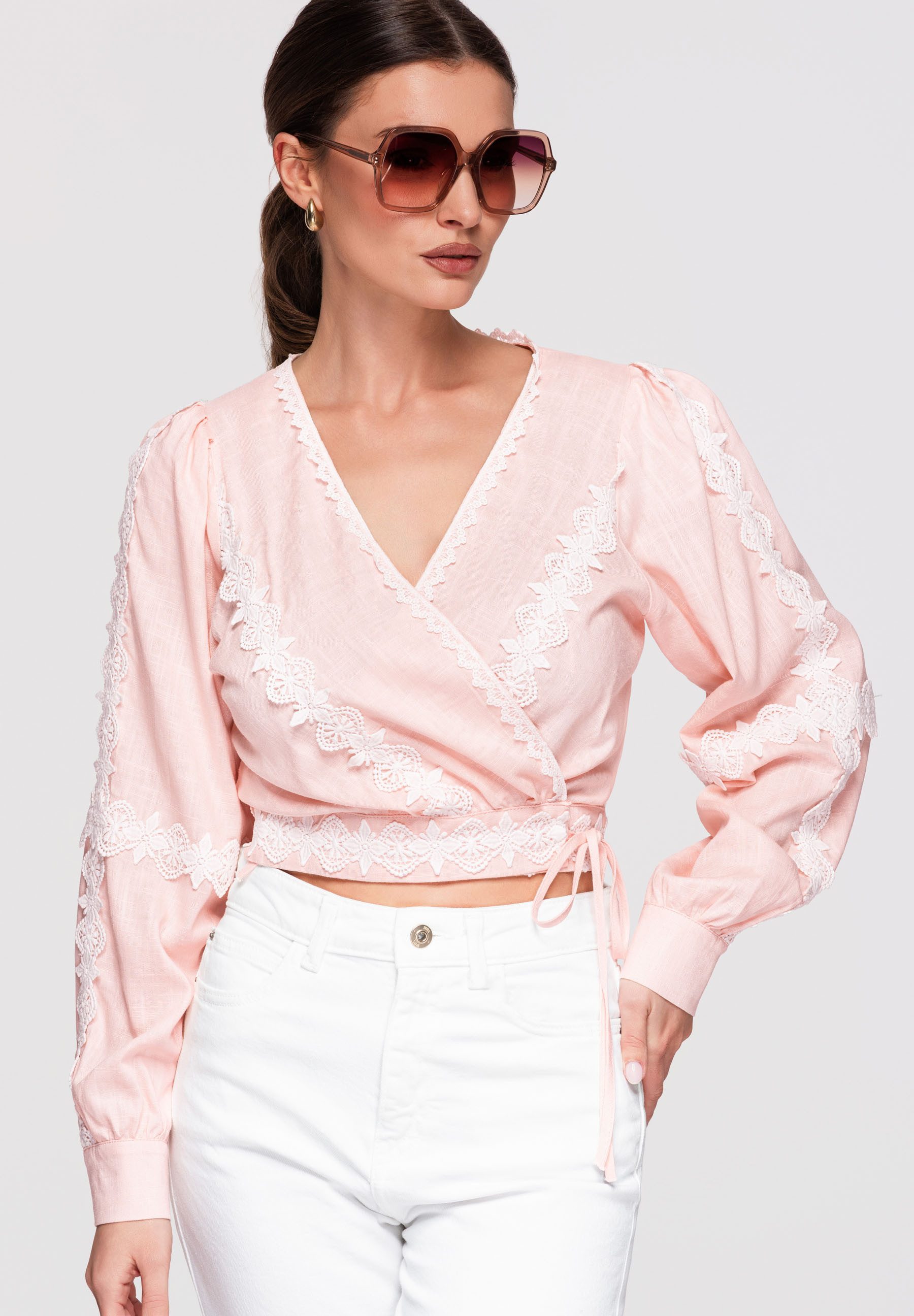 OMBRE Hemdbluse Damen Bluse Wickeldesign Kurz Elegant Rose L (kein Set, 1-tlg) Wickeldesign, tailliert