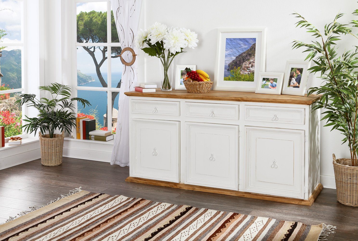 1a Direktimport Sideboard Anrichte Sideboard MEXICO Weiß Natur, Pinie massiv, Landhausmöbel