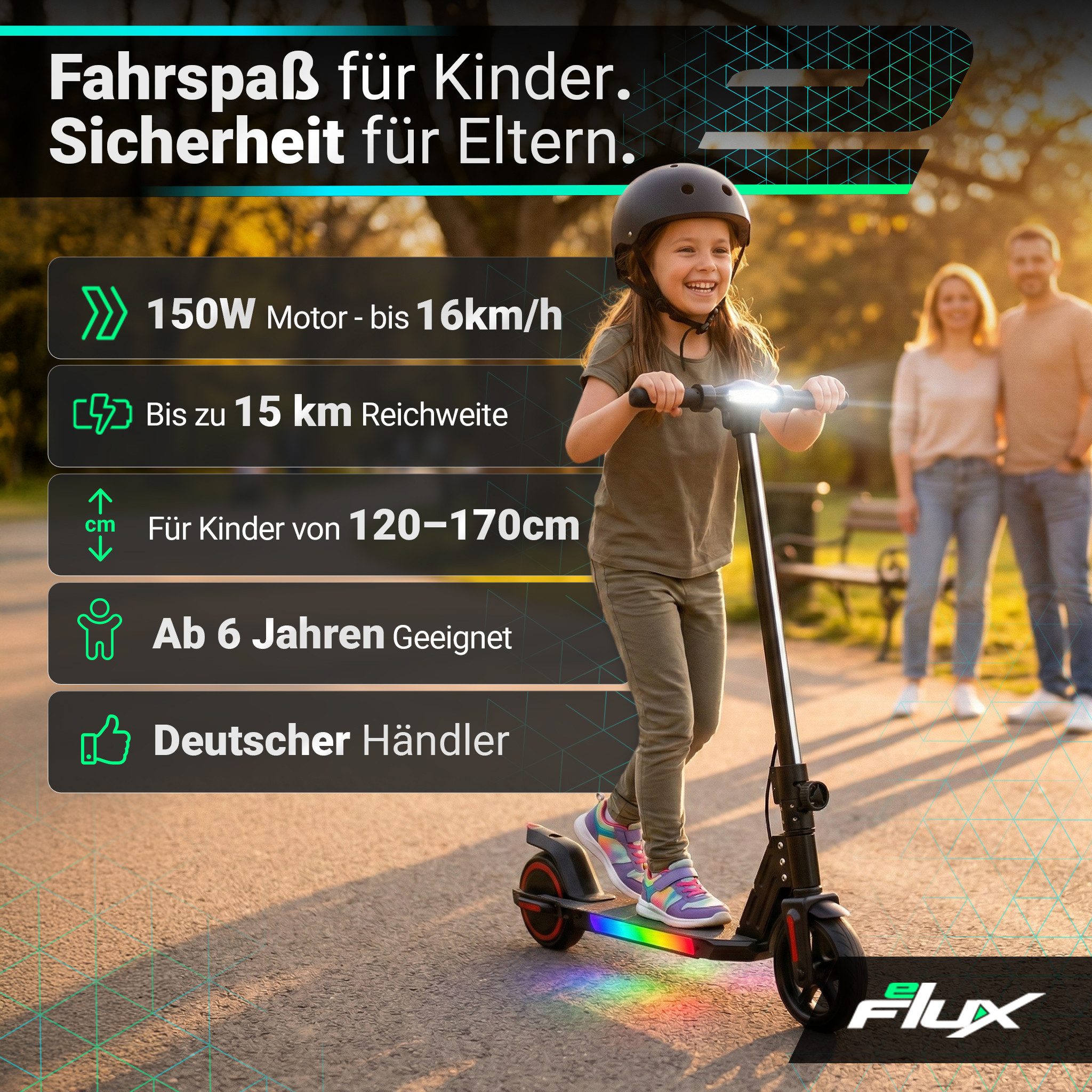 eFlux Elektro-Kinderroller Kids K1 E-Scooter bis zu 16 km/h ab 6 Jahren, Escooter für Kinder, E Roller für Kinder, E scooter