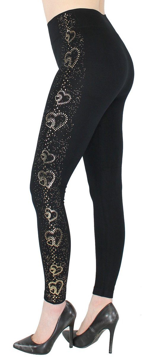 Leggins Bund, Glitzer mit dy_mode Damen Hochbund Muster mit Druck Schmetterling Highwaist Leggings elastischem Glanz Leggings JL643-GoldHeart