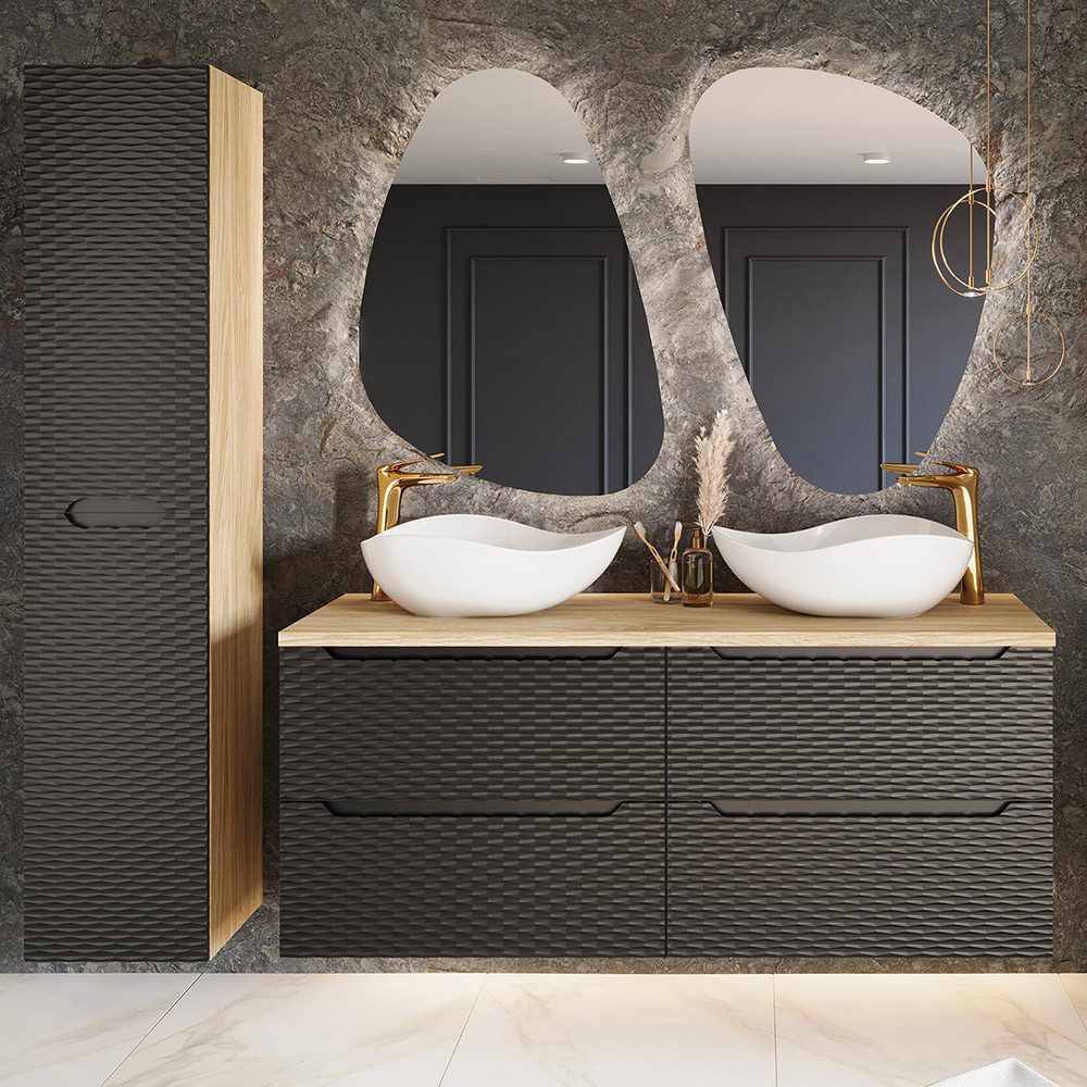 Lomadox Badmöbel-Set OLUO-56-BLACK, (Spar-Set, 4-St., Hochschrank LED-Spieg günstig online kaufen