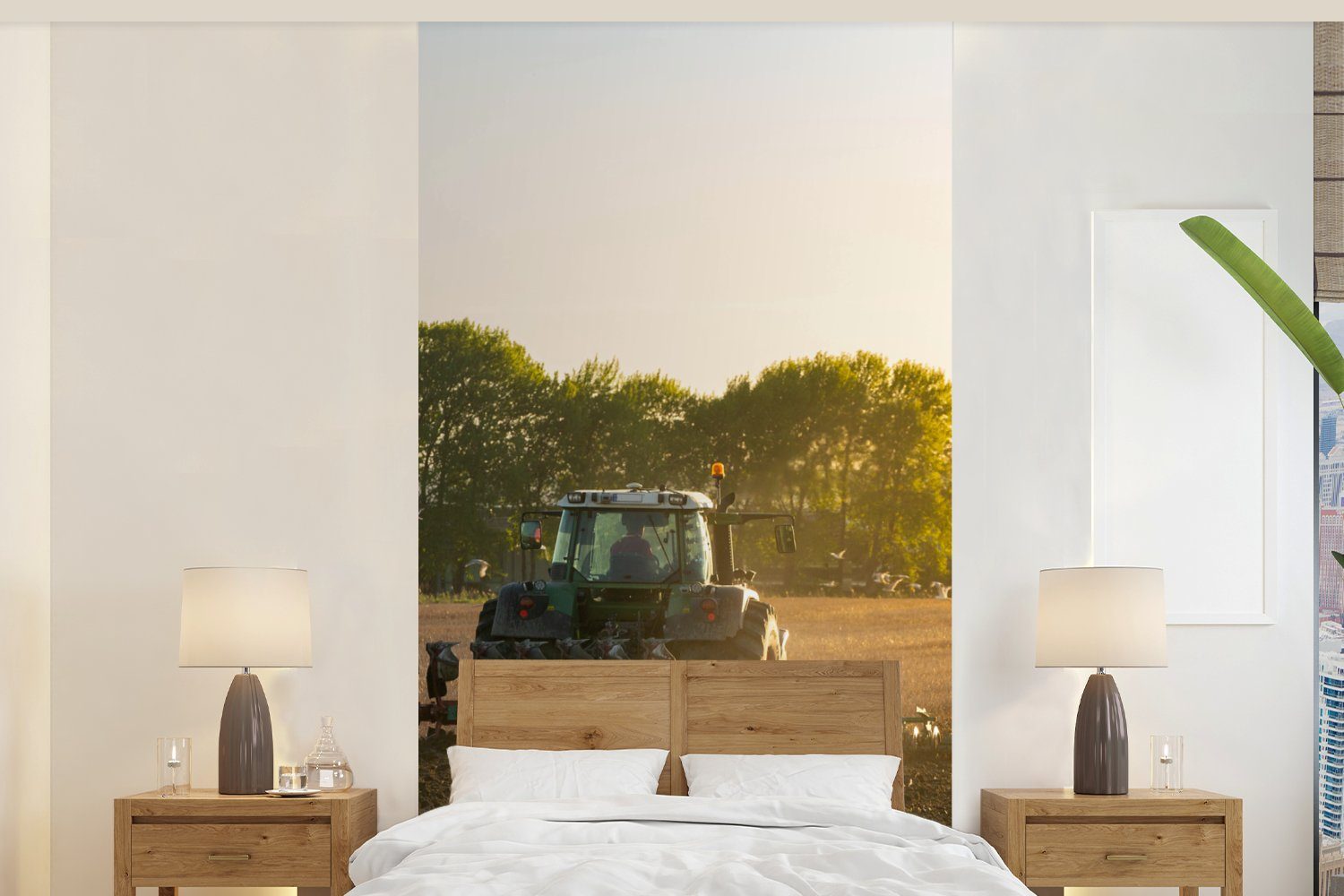 MuchoWow Fototapete Traktor - Vogel - Land, Matt, bedruckt, (2 St), Vliestapete für Wohnzimmer Schlafzimmer Küche, Fototapete | Fototapeten