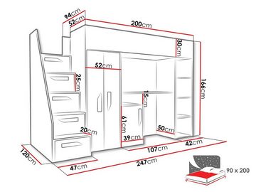 MIRJAN24 Etagenbett Party 14 (Komplett-Set, Einzelbett mit Treppe), 90x200 cm, mit Schreibtisch, Schrank und Regal