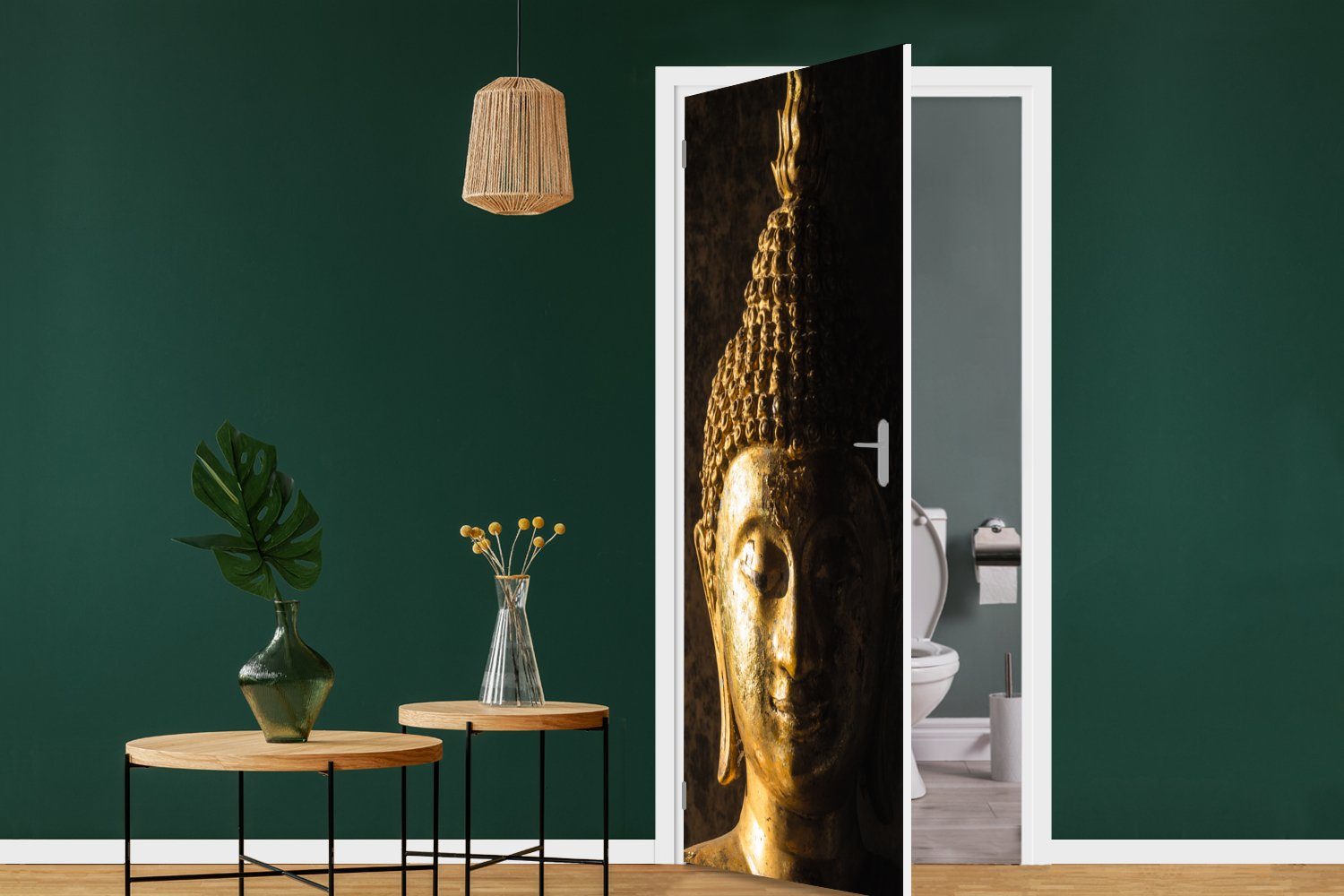 Fototapete Buddha-Statue Schwarz, Spirituell 75x205 Gold Türaufkleber, für - Buddha cm St), - Tür, - MuchoWow (1 - bedruckt, Matt, Türtapete