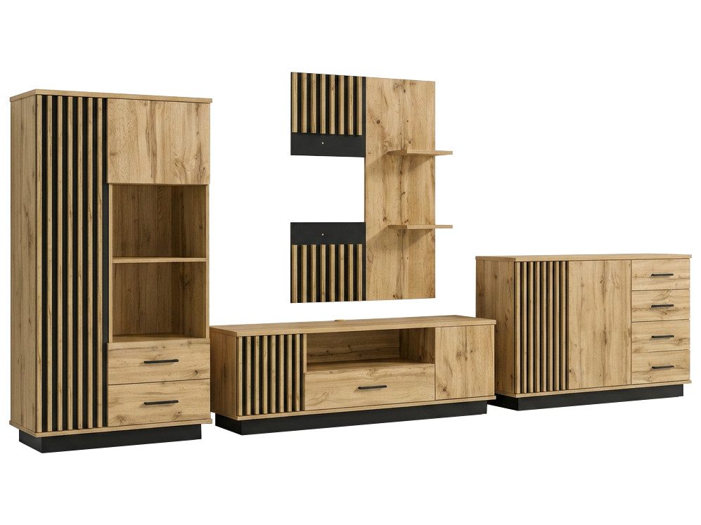 Beautysofa Wohnwand LAMELO Design Loft Möbelset, (Wohnzimmer Set 4-teilig Eiche Wotan+Schwarz, TV-Schrank Kommode Hochkommode Wandregal), mit Lamellen