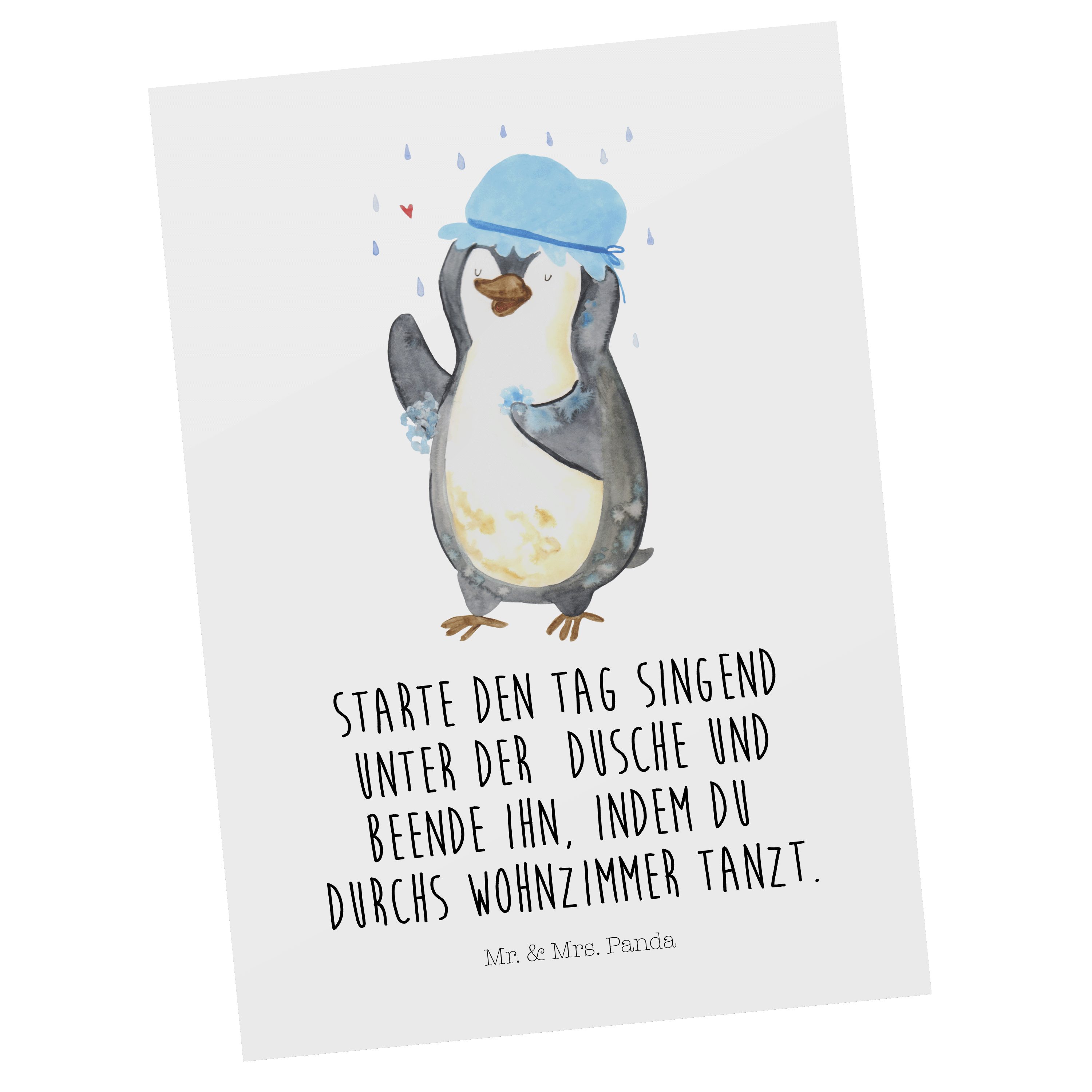 Geschenk, Weiß Mr. Panda & G duschen, Lebensmotto, duscht Mrs. Motivation, - Pinguin - Postkarte