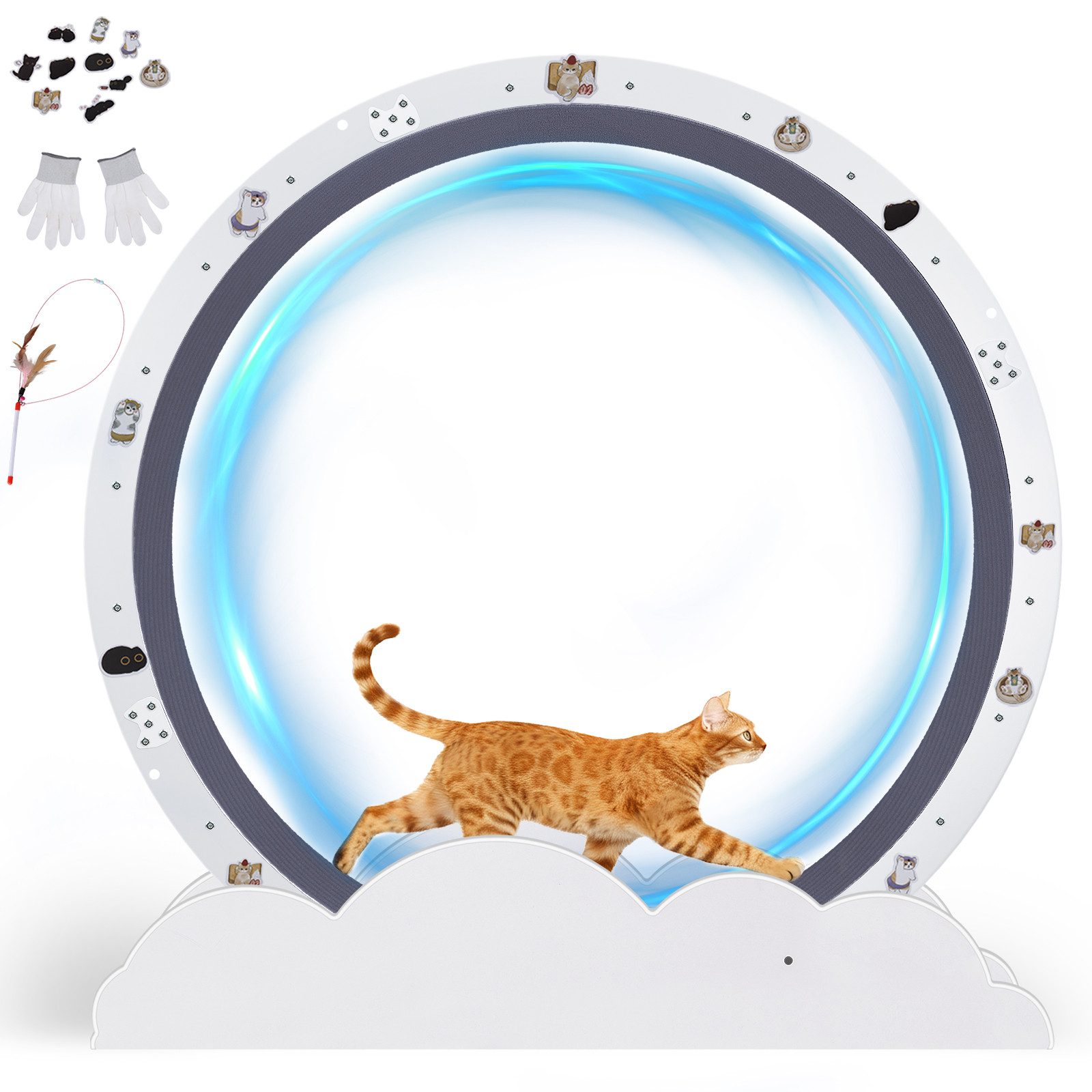 COMHOMA Tier-Intelligenzspielzeug Katzenlaufrad, laufrad Katze, Extra großer 100 cm, ultraleises Laufrad, mit Abnehmbarer Teppich und Spielzeug, Aufkleber, Verriegelung