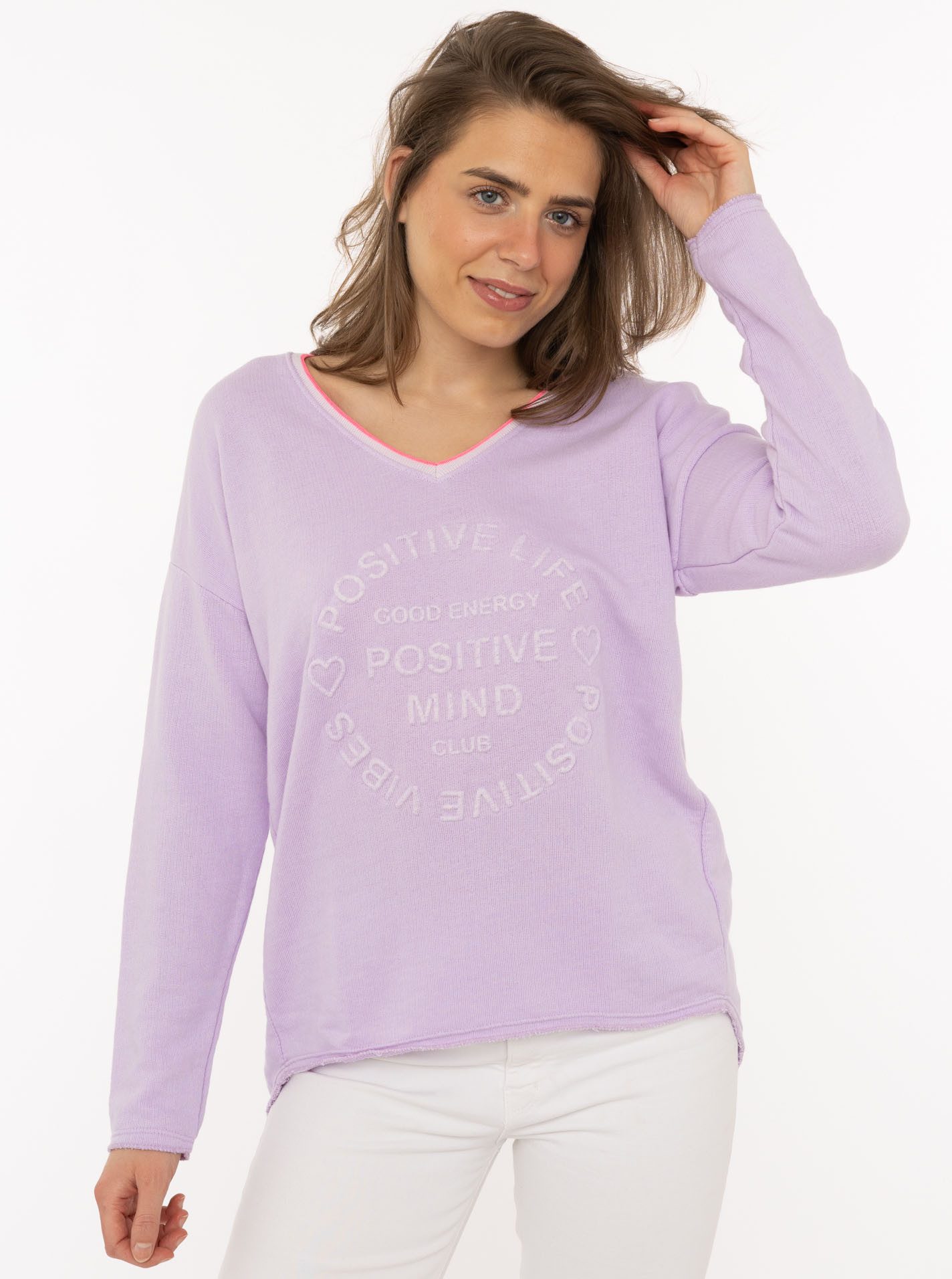 Zwillingsherz Sweatshirt „Positive Mind Neon Kante” mit Kontrastnaht, V-Neck, washed out Optik, langarm