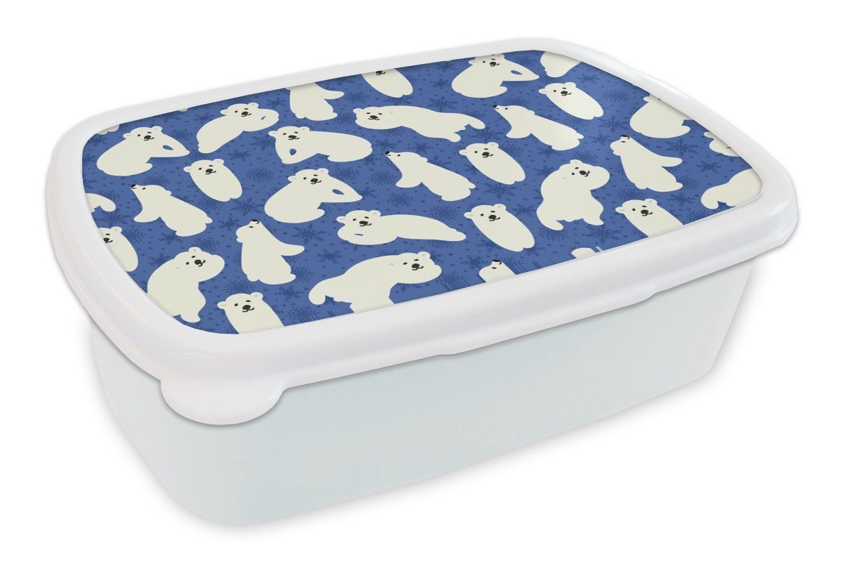 MuchoWow Lunchbox Schnee - Eisbär - Tiere - Winter - Muster, Kunststoff, (2-tlg), Brotbox für Kinder und Erwachsene, Brotdose, für Jungs und Mädchen weiß