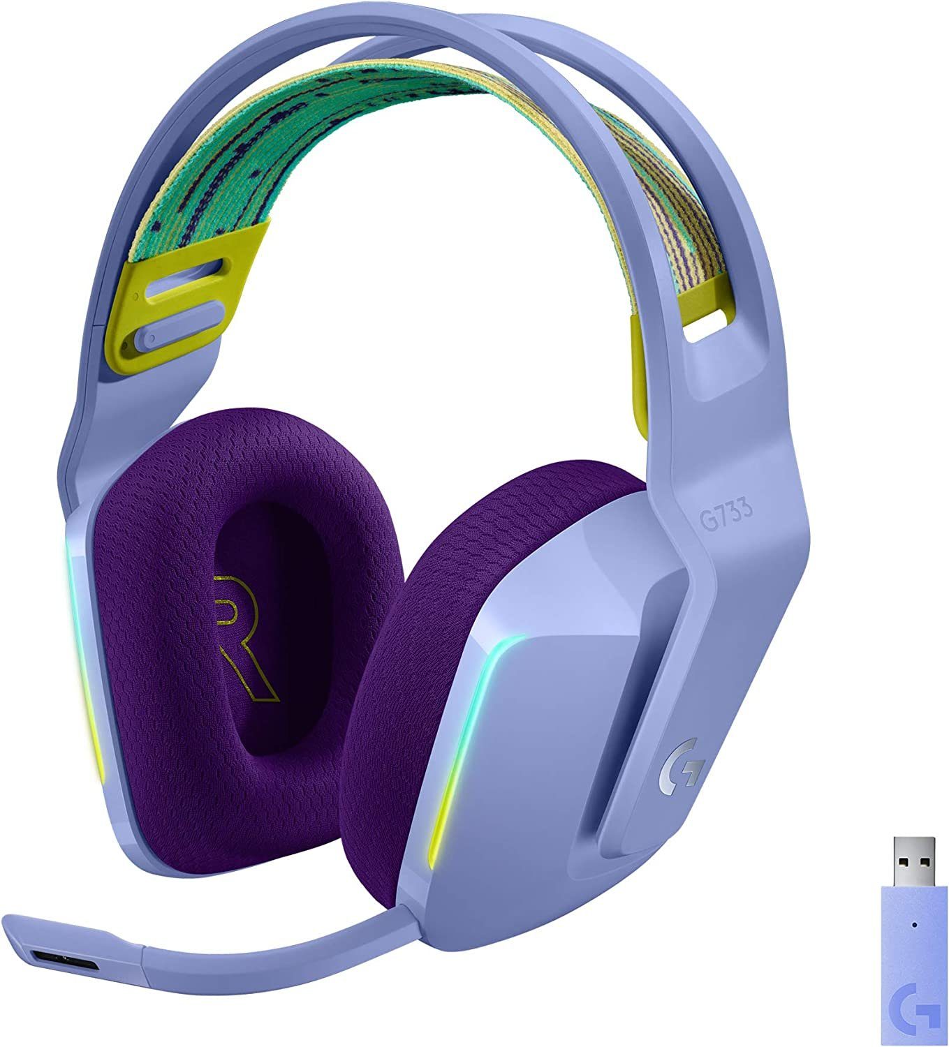 Logitech (Ultraleicht, Lilac beleuchtet) 20m G733 LIGHTSPEED RGB Wireless abnehmbar, Reichweite, kabelloses Mikrofon G Gaming-Headset