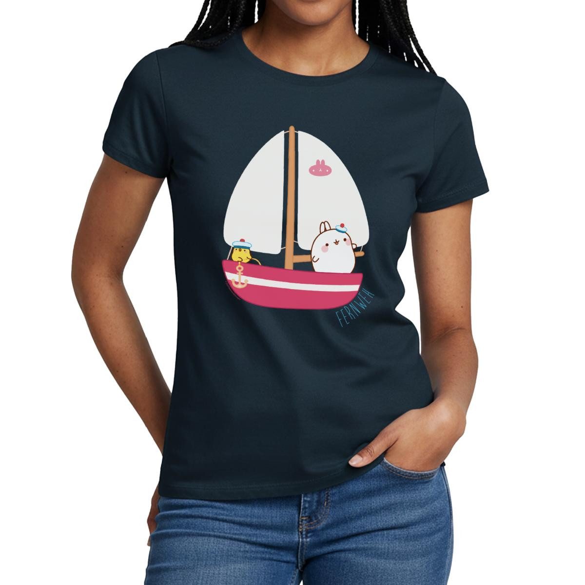 Spreadshirt T-Shirt Molang Piu Piu Segeln Fernweh Frauen T-Shirt (1-tlg) Slim Fit, fällt klein aus
