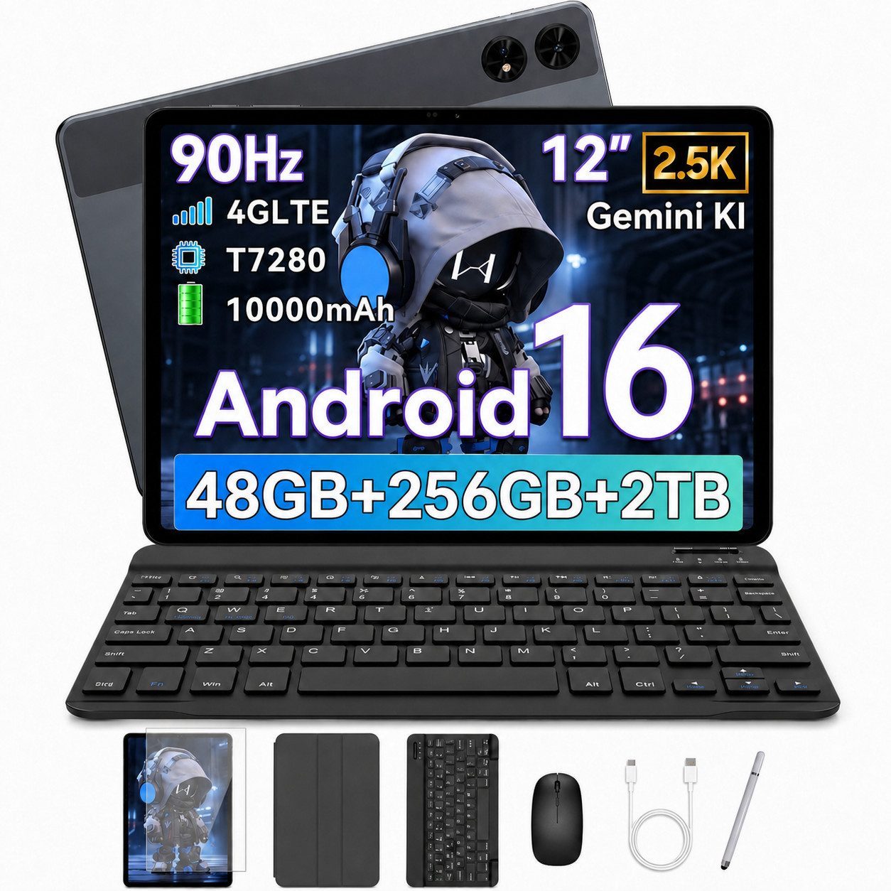 KOBONA T6 Android 16 12,2" Tablet 10000 mAh mit Stift/Tastatur/Maus/Hülle Tablet (256 GB, 4G(LTE), 2,5K FHD Display, 16 MP + 8 MP, 5G WLAN + 4G LTE)