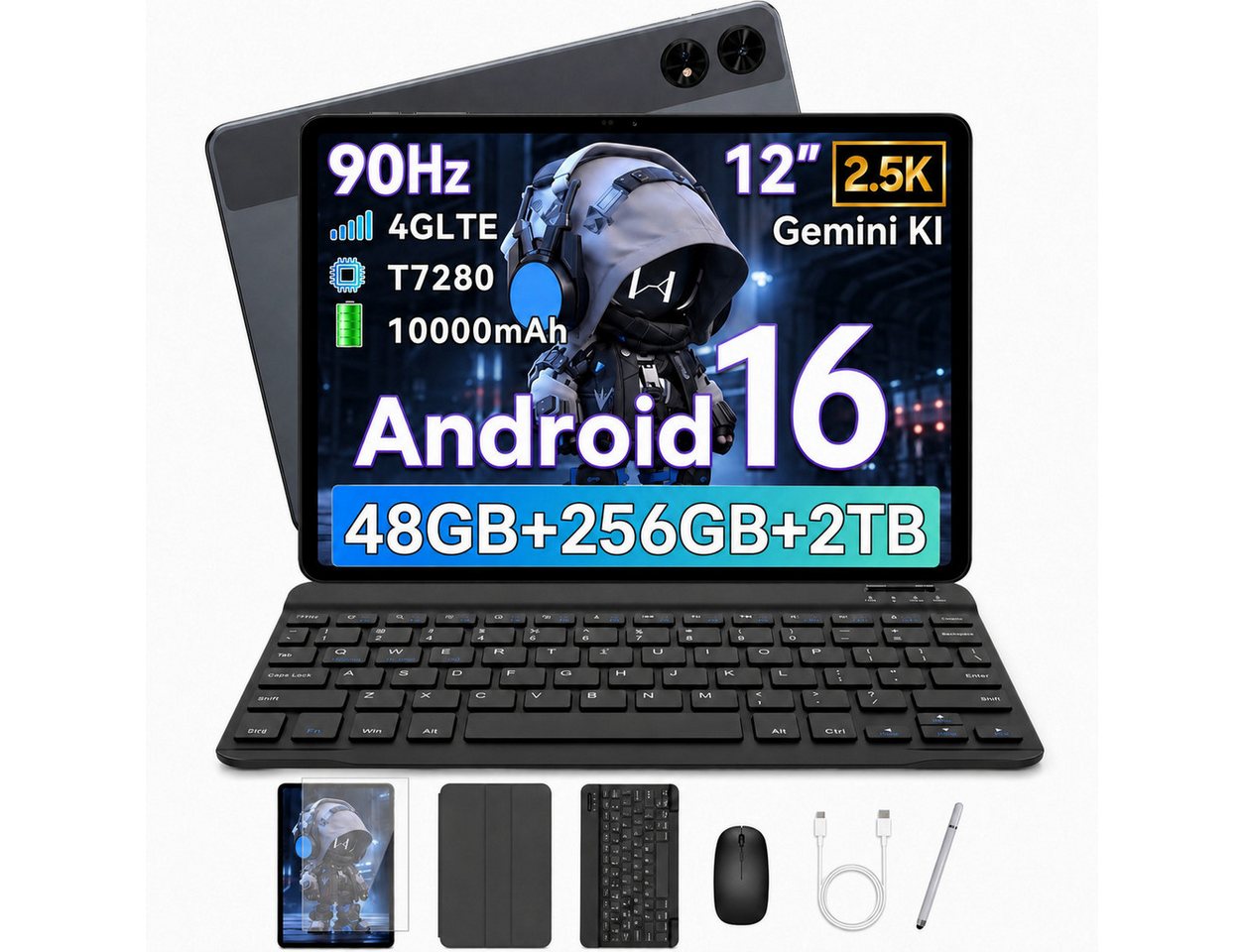 KOBONA T6 Android 16 12,2" Tablet 10000 mAh mit Stift/Tastatur/Maus/Hülle Tablet (256 GB, 4G(LTE), 2,5K FHD Display, 16 MP + 8 MP, 5G WLAN + 4G LTE)