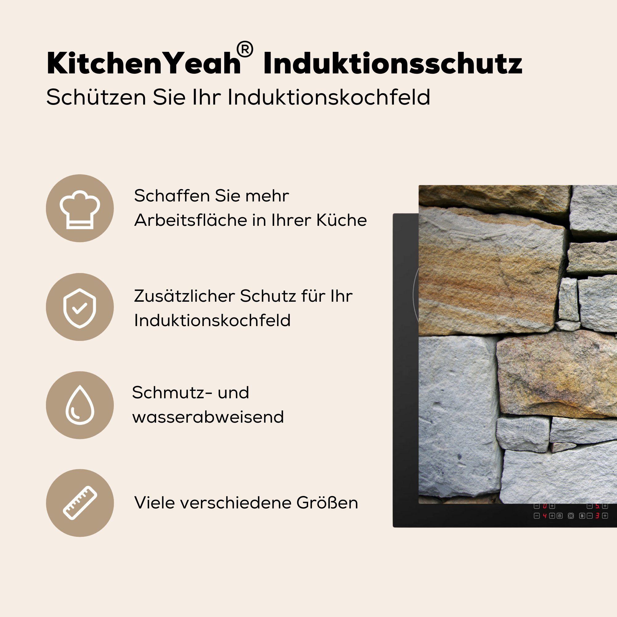 Zement, (1 MuchoWow für Schutz küche, cm, Vinyl, die 81x52 Induktionskochfeld Herdblende-/Abdeckplatte ohne Ceranfeldabdeckung tlg), Steinmauer