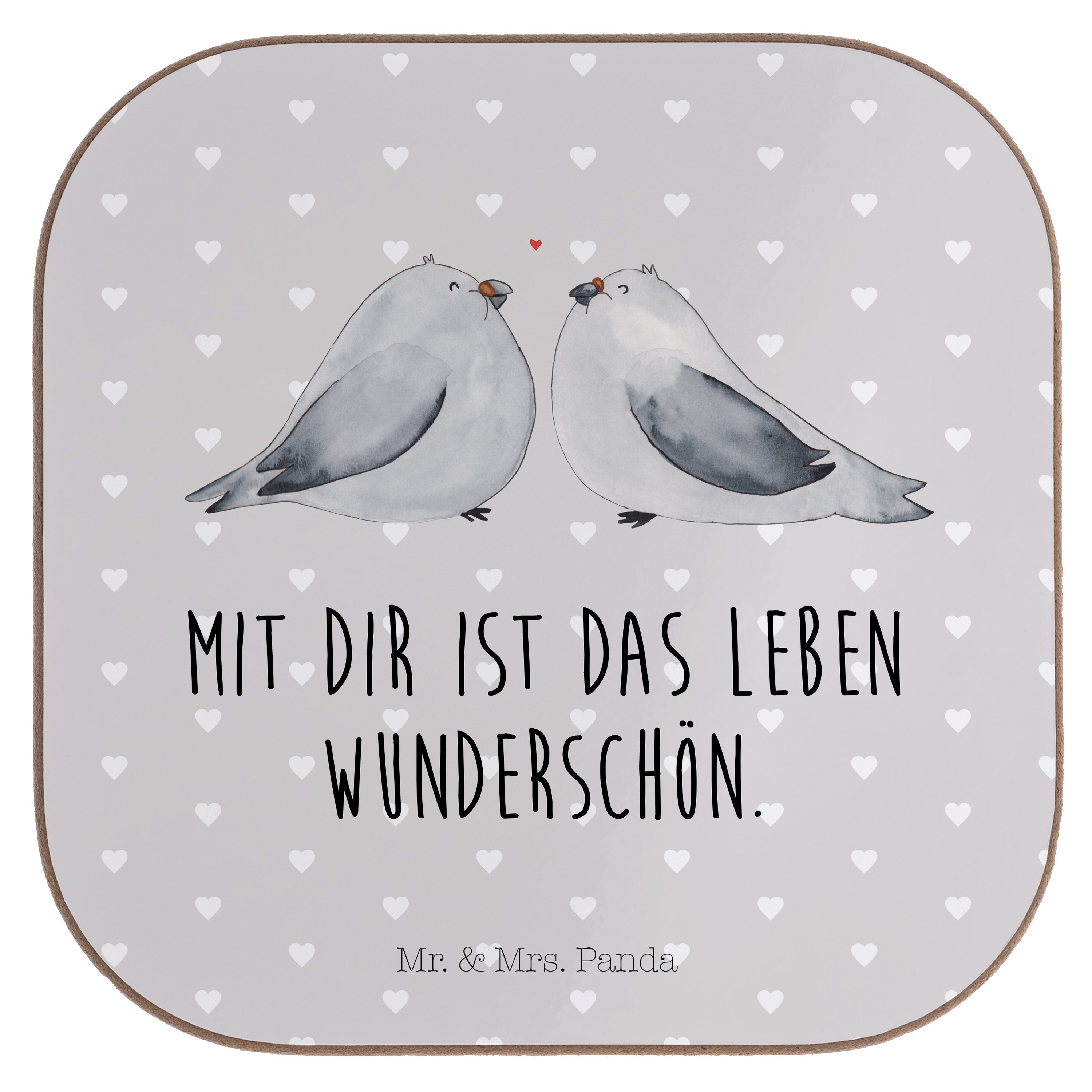 Mr. & Mrs. Panda Getränkeuntersetzer Turteltauben Liebe - Grau Pastell - Geschenk, Heiratsantrag, Liebesge, 1-tlg.
