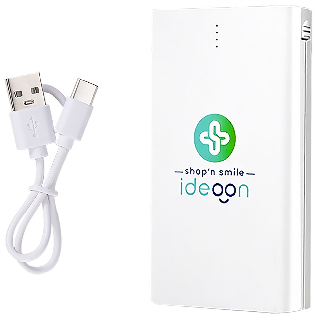 shop'n smile ideoon USB-C Mobiler Akku-Booster 4.000mAh Kabel & Lightning Adapter slim Powerbank 4000 mAh, 4000 mAh, ultra-slim, USB-C Ein-/Ausgang & integriertes Ladekabel