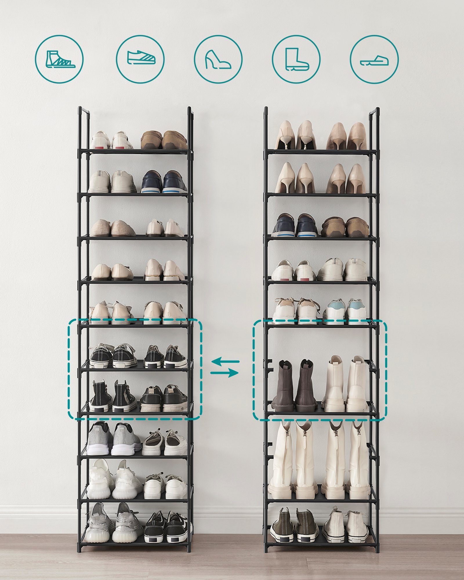 SONGMICS Schuhregal 10 Ebenen, Schuhablage, Schuhaufbewahrung, schmal, Metallgestell, für 20 Paar Schuhe und Stiefel, Ablagen aus Vliesstoff, für Flur, Schlafzimmer, 28 x 45 x 173 cm