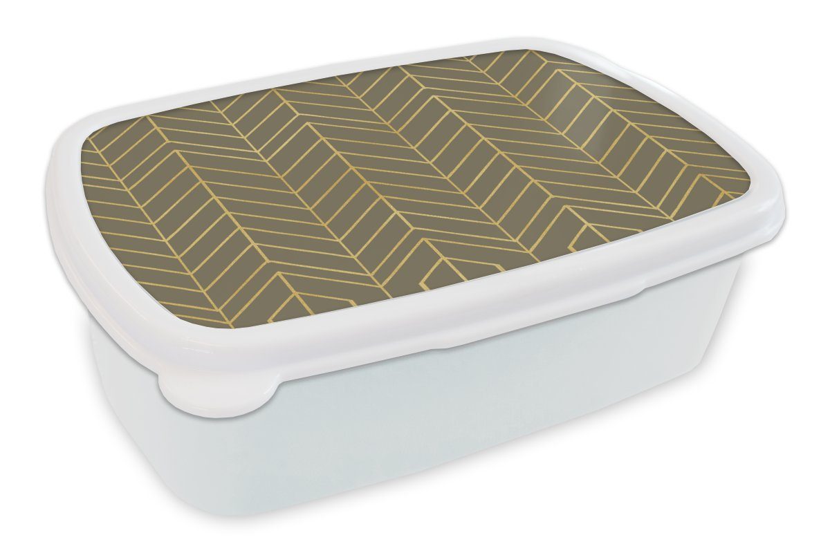 MuchoWow Lunchbox Muster - Linie - Grün - Gold, Kunststoff, (2-tlg), Brotbox für Kinder und Erwachsene, Brotdose, für Jungs und Mädchen weiß