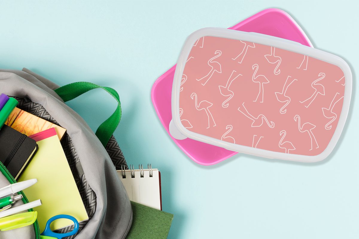 Lunchbox Kinder, Mädchen, Snackbox, Linienkunst Kunststoff - Erwachsene, MuchoWow - für Muster, Kunststoff, Brotbox Flamingo - Rosa (2-tlg), Brotdose