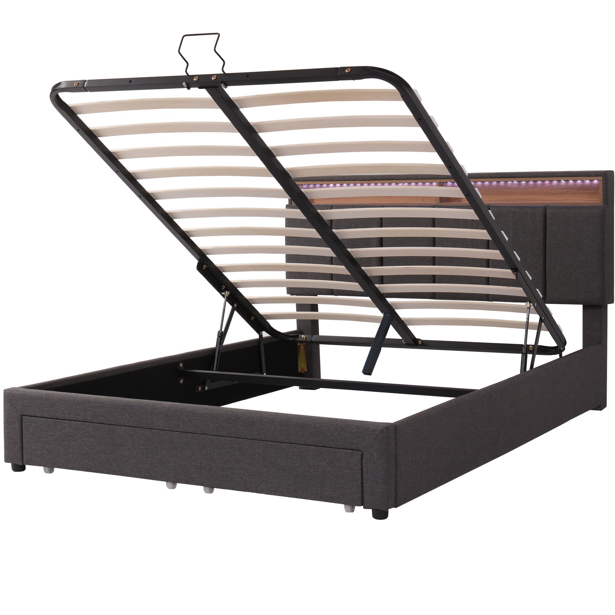 Flieks Polsterbett, LED Hydraulisches Doppelbett mit Schubladen 140x200cm Leinen