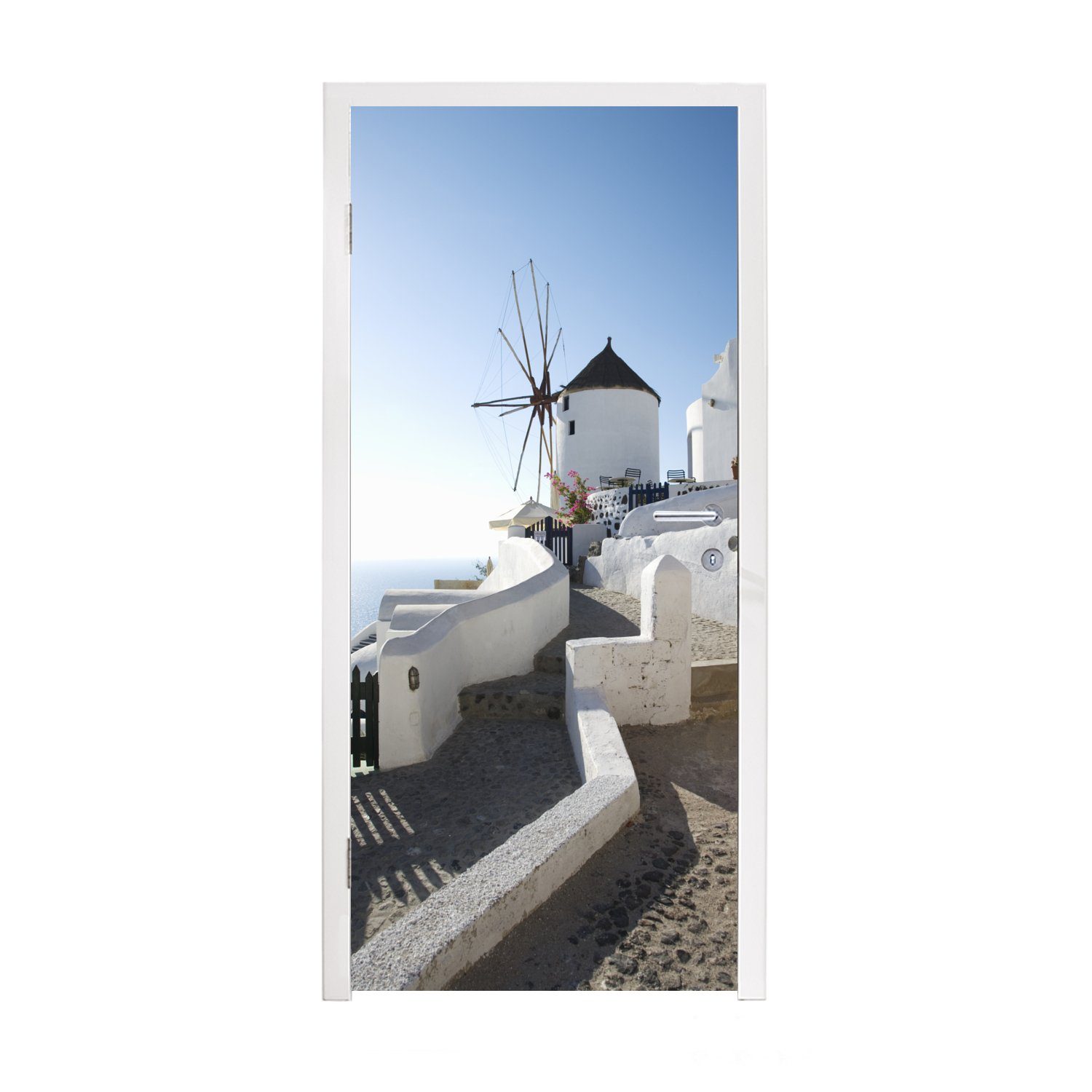 MuchoWow Türtapete Windmühle auf Santorin in Griechenland, Matt, bedruckt, (1 St), Fototapete für Tür, Türaufkleber, 75x205 cm