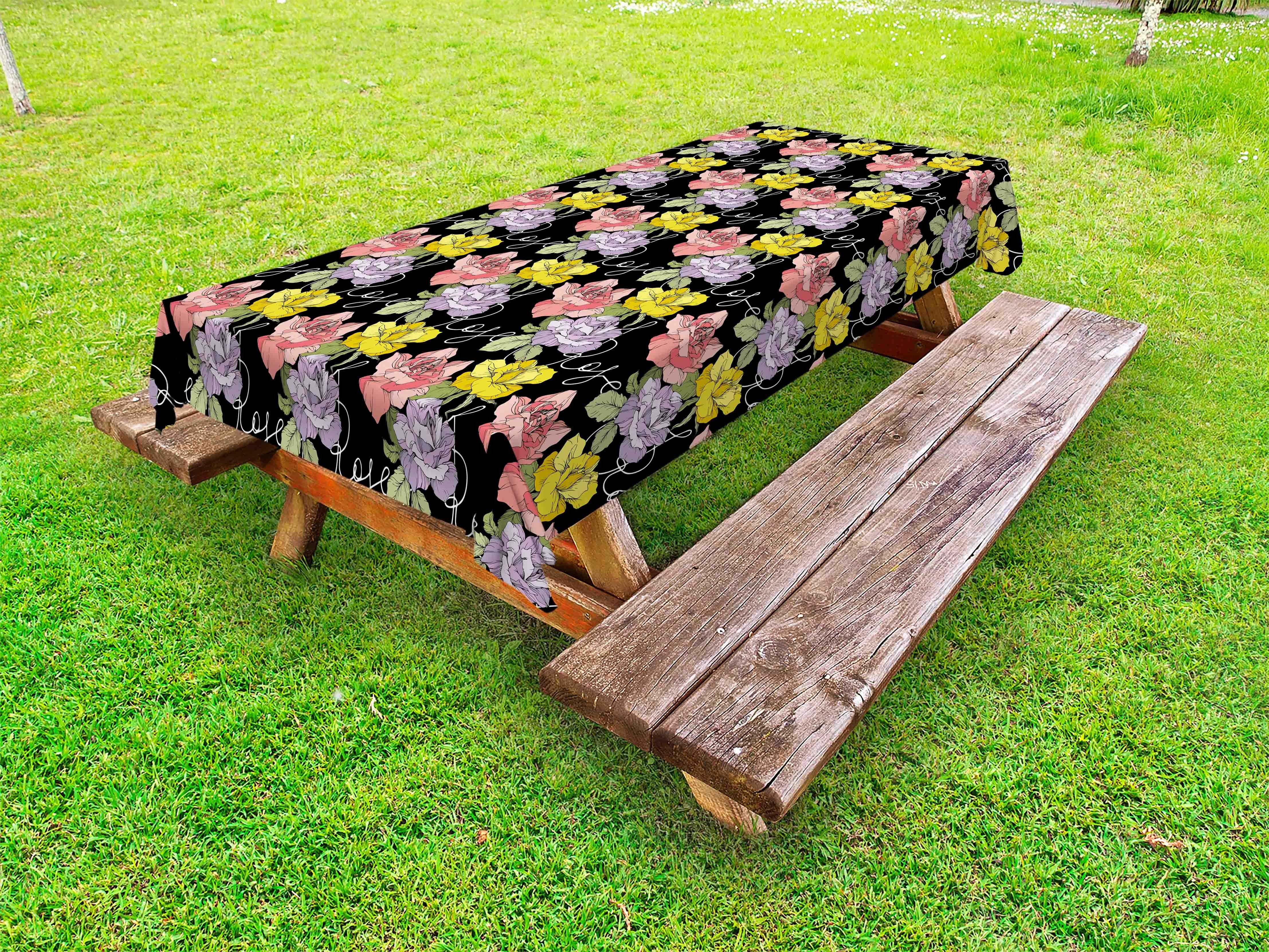 Abakuhaus Tischdecke dekorative waschbare Picknick-Tischdecke, Lila und Gelb Rose Typography | Tischdecken
