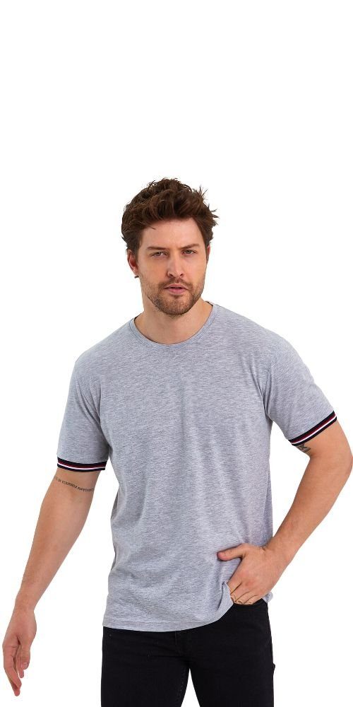 1-tlg) Rundhalls Grau Ärmel Kurzarm Basic gestreiften COMEOR (Packung, Herren Bündchen T-Shirt mit