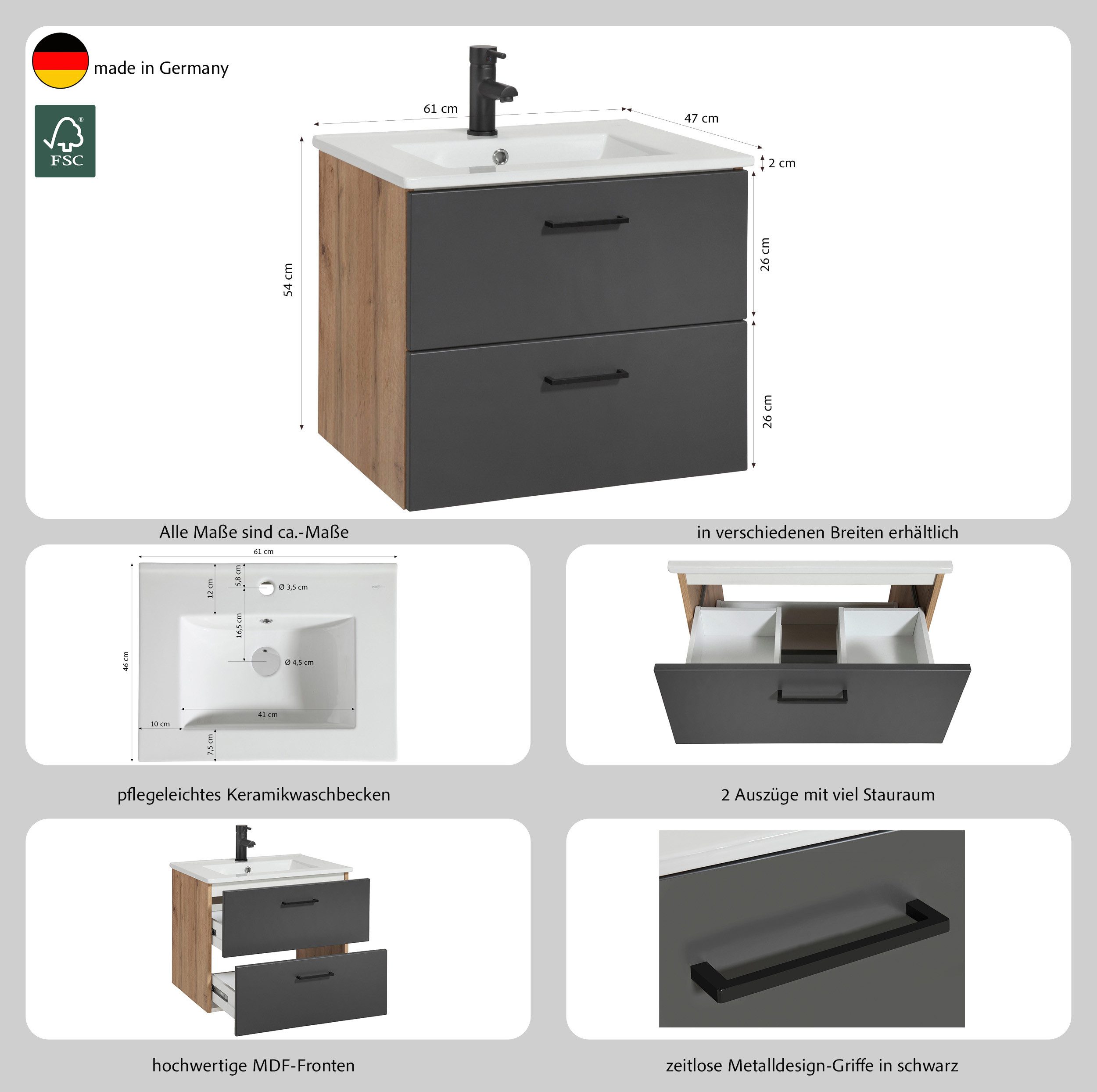 welltime Waschtisch Trento in verschiedenen Ausführungen inkl. Waschbecken, Badmöbel in Breite 60 cm, Badschrank Waschplatz mit 2 Schubladen