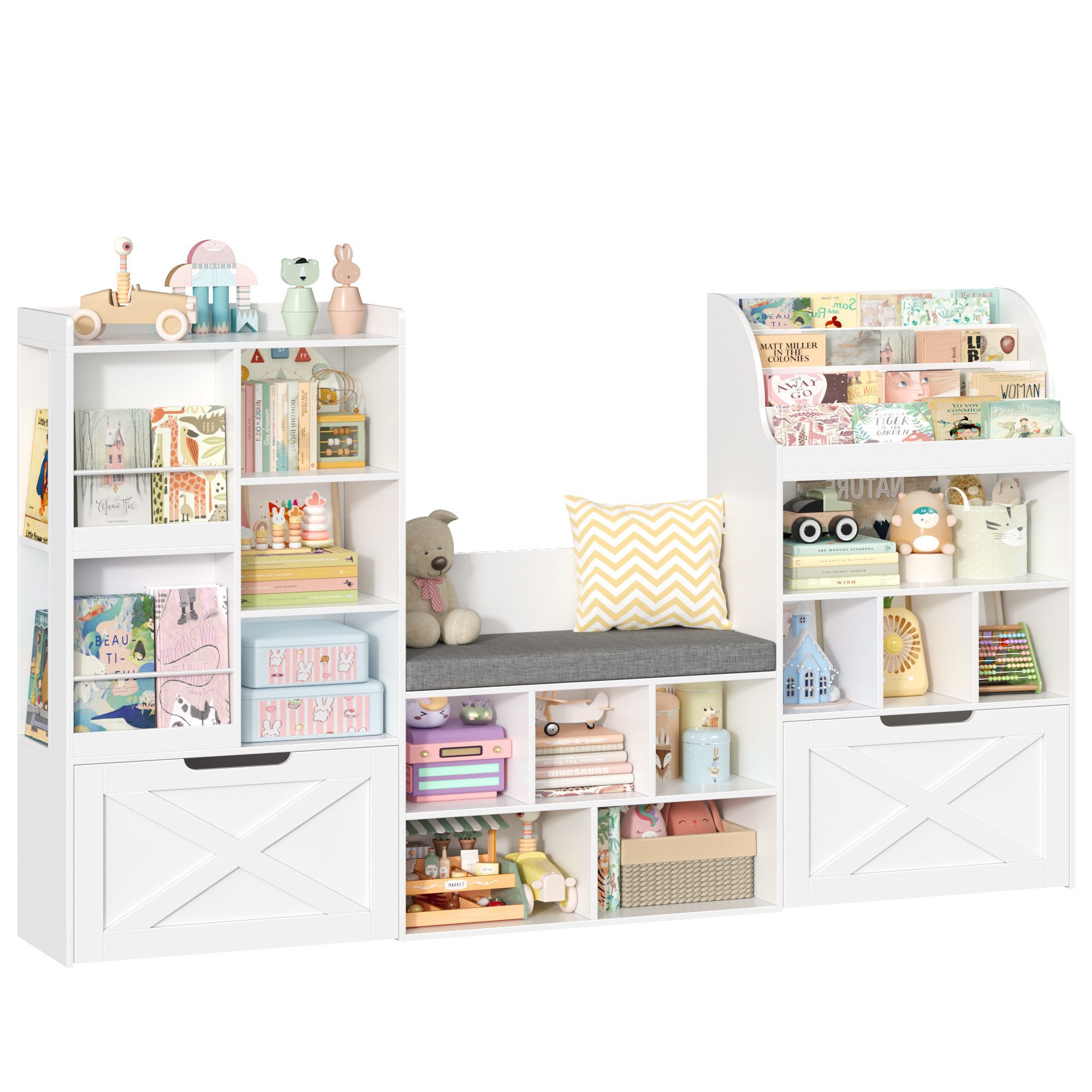 Homfa Kinderregal 179cm Sitzbank für Kinder mit 2 Schubladen auf Räder & Bücherregal, Spielzeugregal mit 17 offenen Fächern,Spielzeugtruhe 179,7x108x28cm