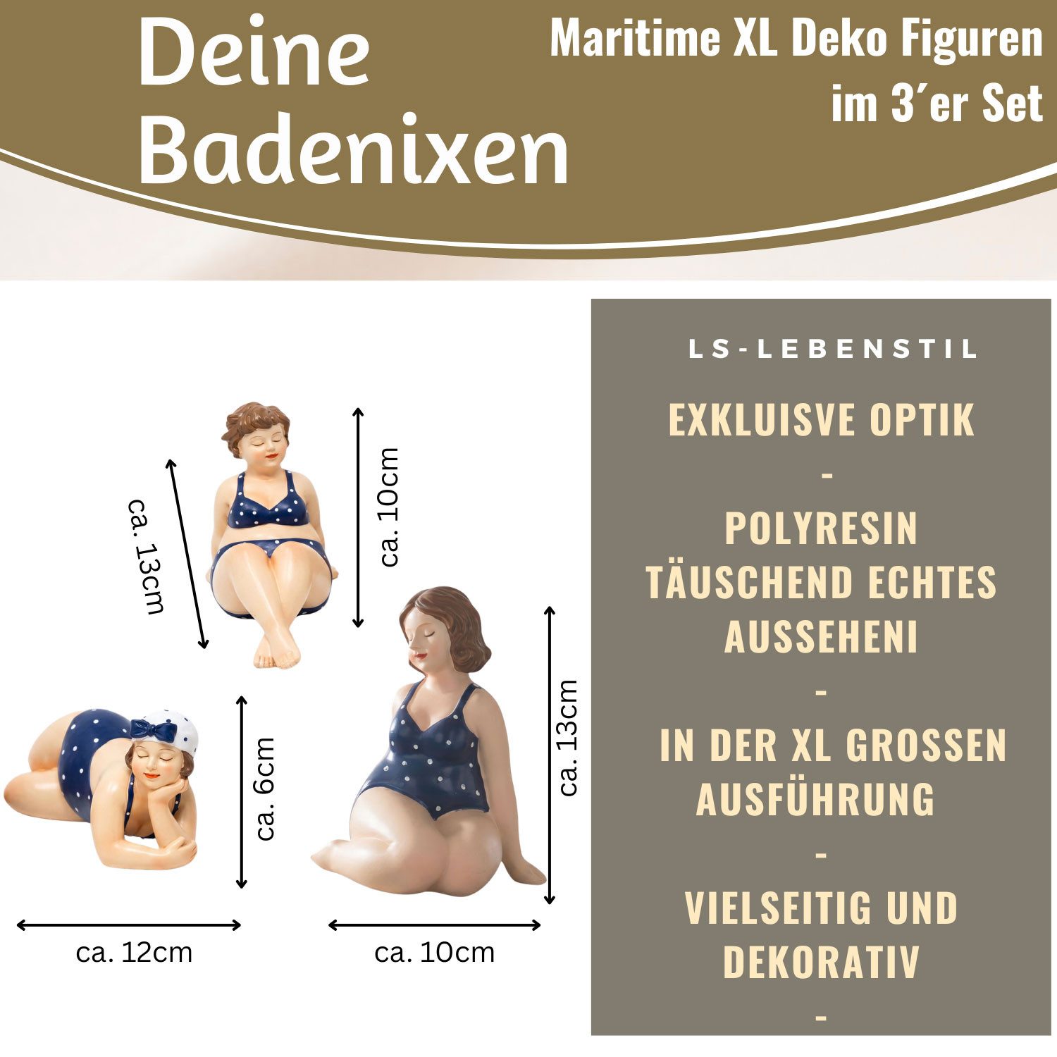 LS-LebenStil Dekofigur Set 3x Badenixe Figur Molly Maritim Blau Weiß Badefiguren (1 St., Maritime Stranddamen, Die Molly´s sind wahre Eyecatcher), 3-fach mollige Rubensfrauen im Retro Badeanzug, Deko im Badezimmer