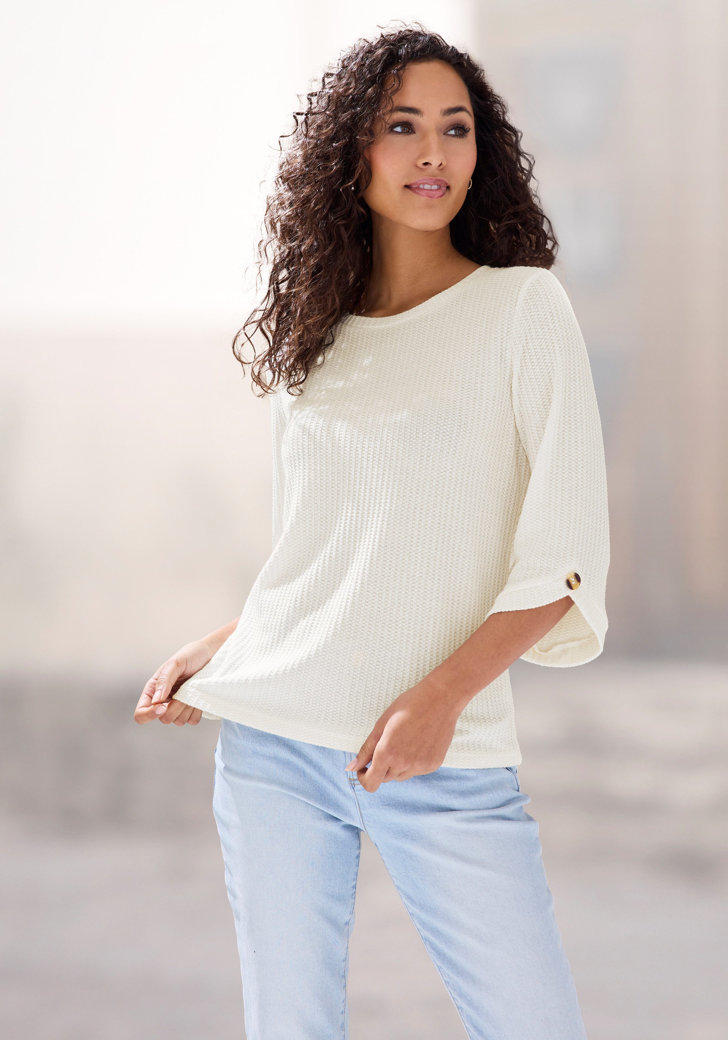 Lascana 3/4-Arm-Shirt mit Knopfdetail aus weicher Waffel Piqué-Qualität