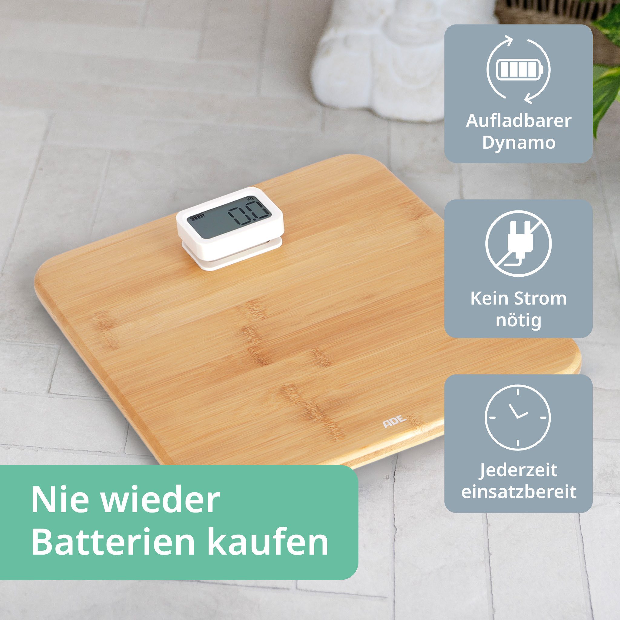ADE Personenwaage Digitale Körperwaage ohne Batterien mit Dynamo, umweltfreundlicher Dynamoantrieb, Wiegefläche aus Bambus, bis 150 kg