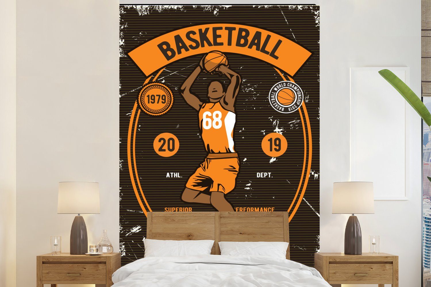 MuchoWow Fototapete Mannshöhle - Basketball - Weinlese, Matt, bedruckt, (3 St), Montagefertig Vinyl Tapete für Wohnzimmer, Wandtapete