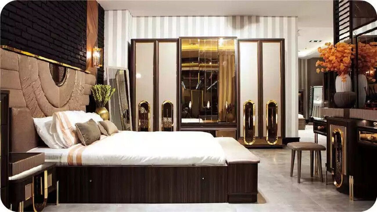 Schlafzimmer-Set Set Beige, in Luxus Europa Nachttische/Kleiderschrank), Doppelbett Bett/Bank/2x JVmoebel Garnitur Made Schlafzimmermöbel (5-St., 5tlg Bett