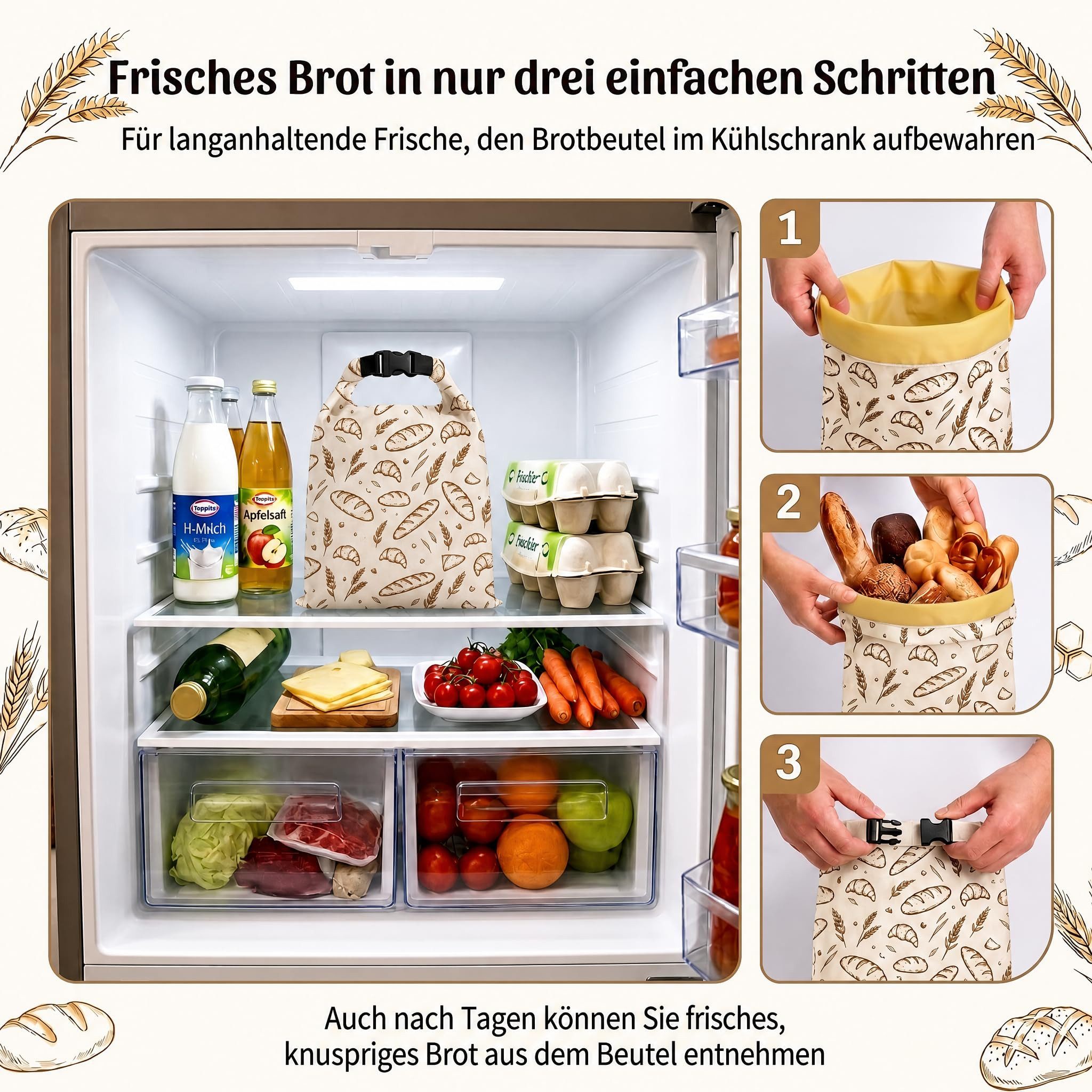 Diwzbyn Brottasche Bienenwachs Brotbeutel 2er Set 33x43 cm,Brotsack zur Brotaufbewahrung, (2-tlg), Stoff Brot Aufbewahrungsbeutel für Selbstgebackenes Brot – Bild 5 von 5