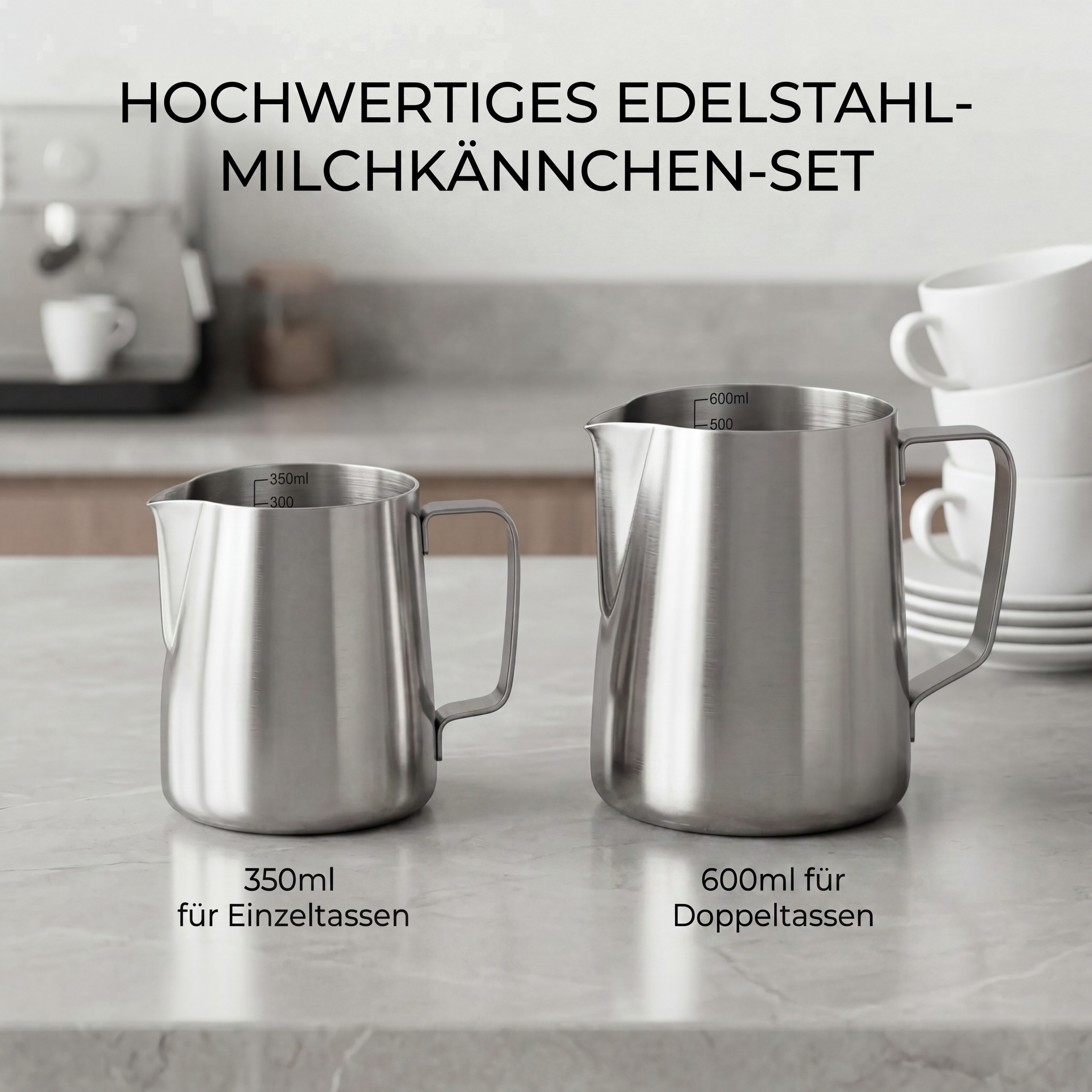 JASLIFE Milchkännchen Barista Edelstahl 350/600 ml mit Skala & Latte-Art-Stift, 0.35 l, Edelstahl, mit Skala, inklusive Latte Art Stift, rostfrei