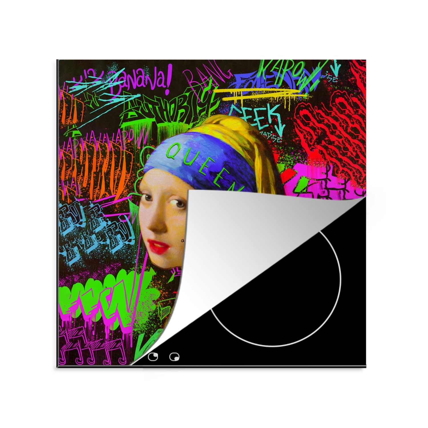 MuchoWow Herdblende-/Abdeckplatte Girl with a Pearl Earring - Neon - Graffiti, Vinyl, (1 tlg), 78x78 cm, Ceranfeldabdeckung, Arbeitsplatte für küche