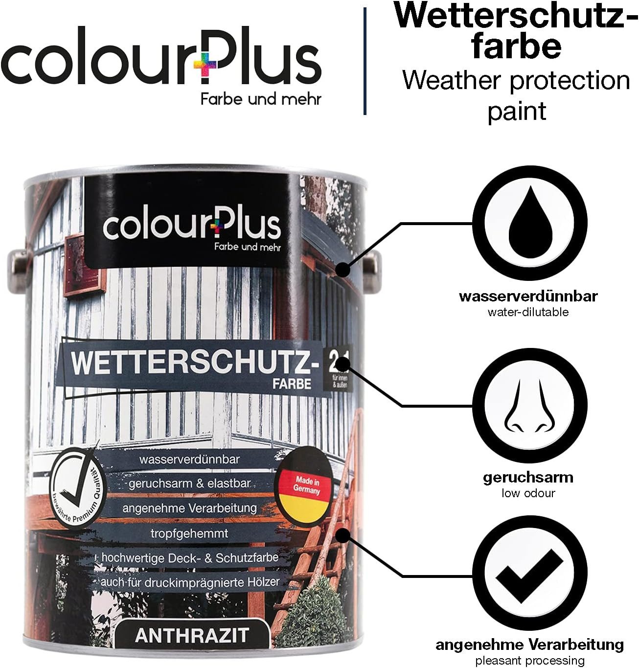 ColourPlus Wetterschutzfarbe Wetterschutzfarbe 2in1 seidenglänzend, wetterfest für Holz & Metall, wetterfest, wasserverdünnbar, tropfgehemmt, elastisch, Blauer Engel