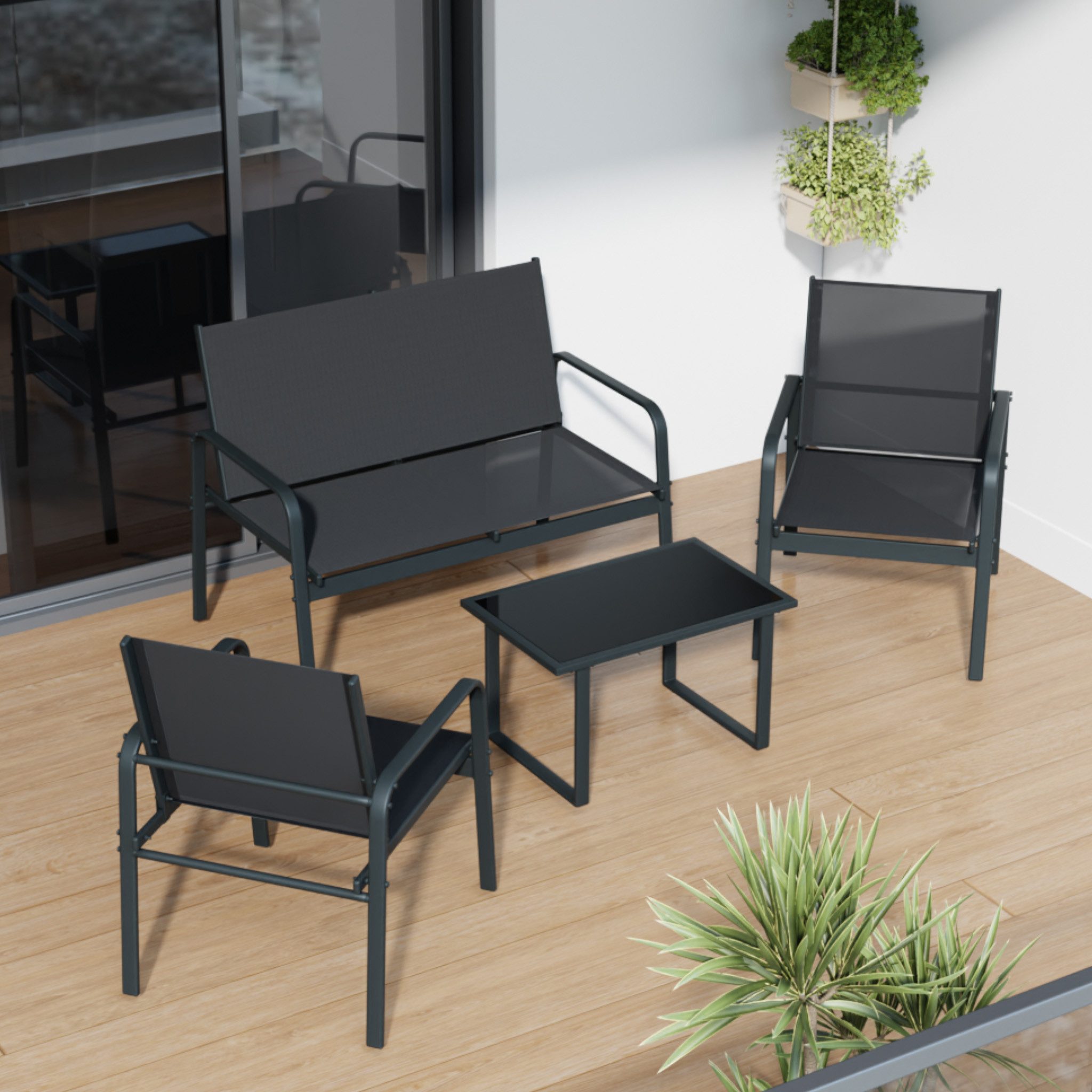 Mondeer Balkonset Gartenmöbel Set 4-tlg, Sitzgruppe mit Armlehnen & Glas-Tisch für Balkon Terrasse