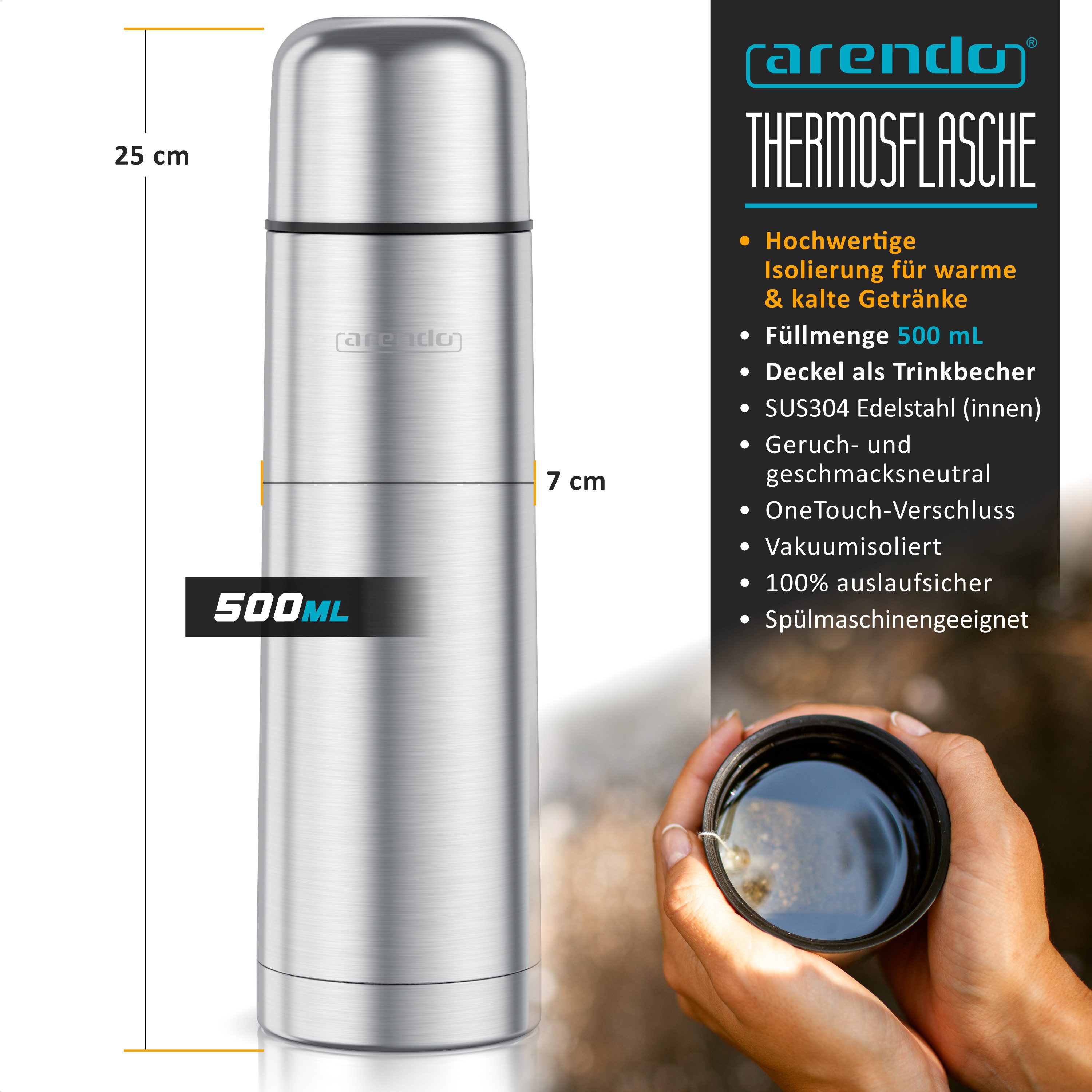 Arendo Thermoflasche Isolierflasche 0,5L Edelstahl Trinkflasche auslaufsicher für Unterwegs, hält Stundelang kalt & warm, BPA-frei, geschmacksneutral, 500 ml