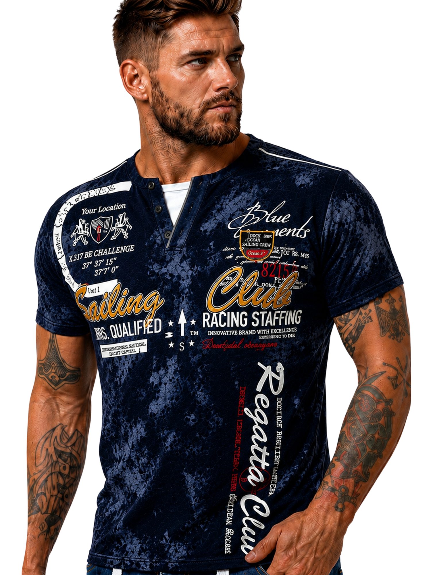 L.gonline Kurzarmshirt Herren T-Shirt, Sommershirt, Batik Optik, 2879 Navy 4XL (Shirt Kurzarmshirt Tee, 1-tlg) Fitness Freizeit Casual
