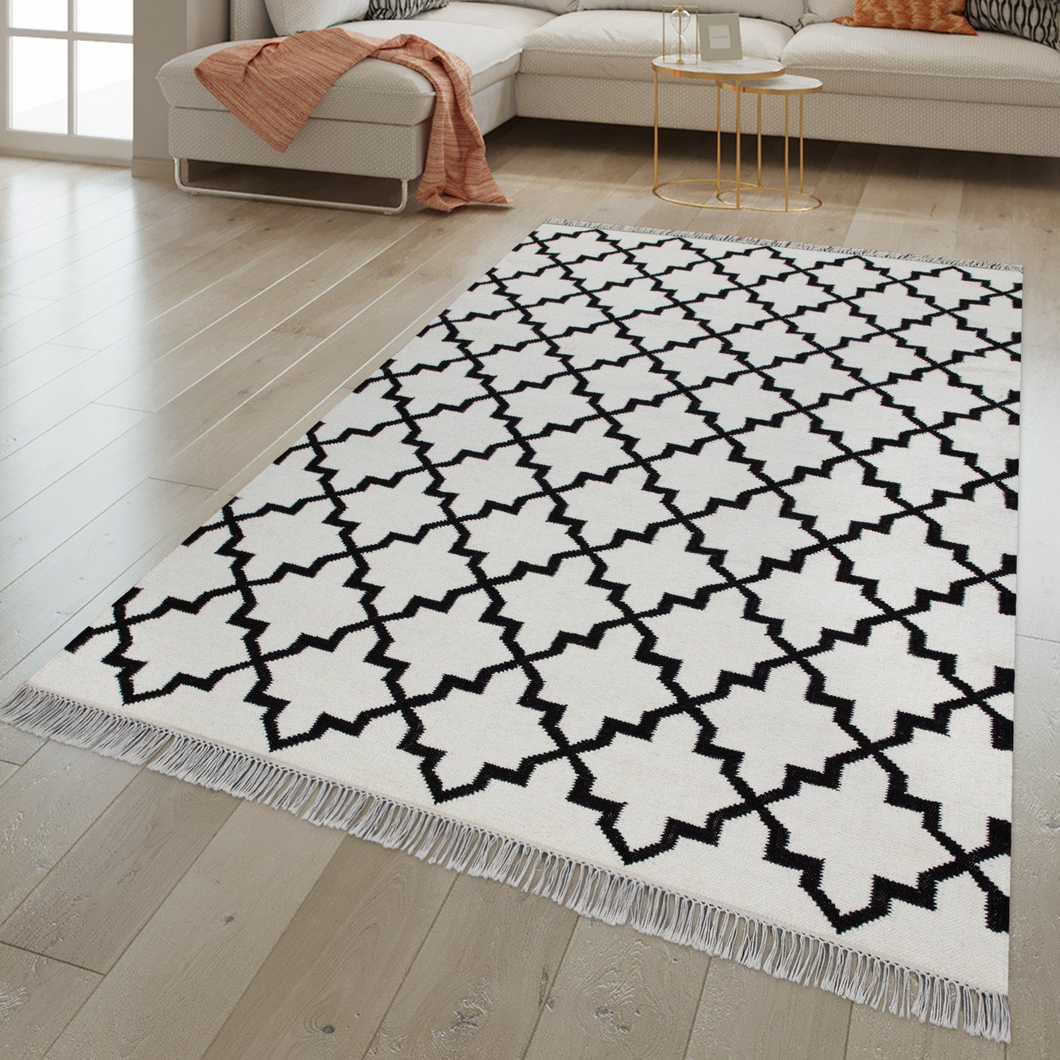 Orientteppich »Wohnzimmer Teppich Orient Design Handgewebt Mit Fransen,  Wolle Baumwolle Weiß«, TT Home, rechteckig, Höhe: 12 mm