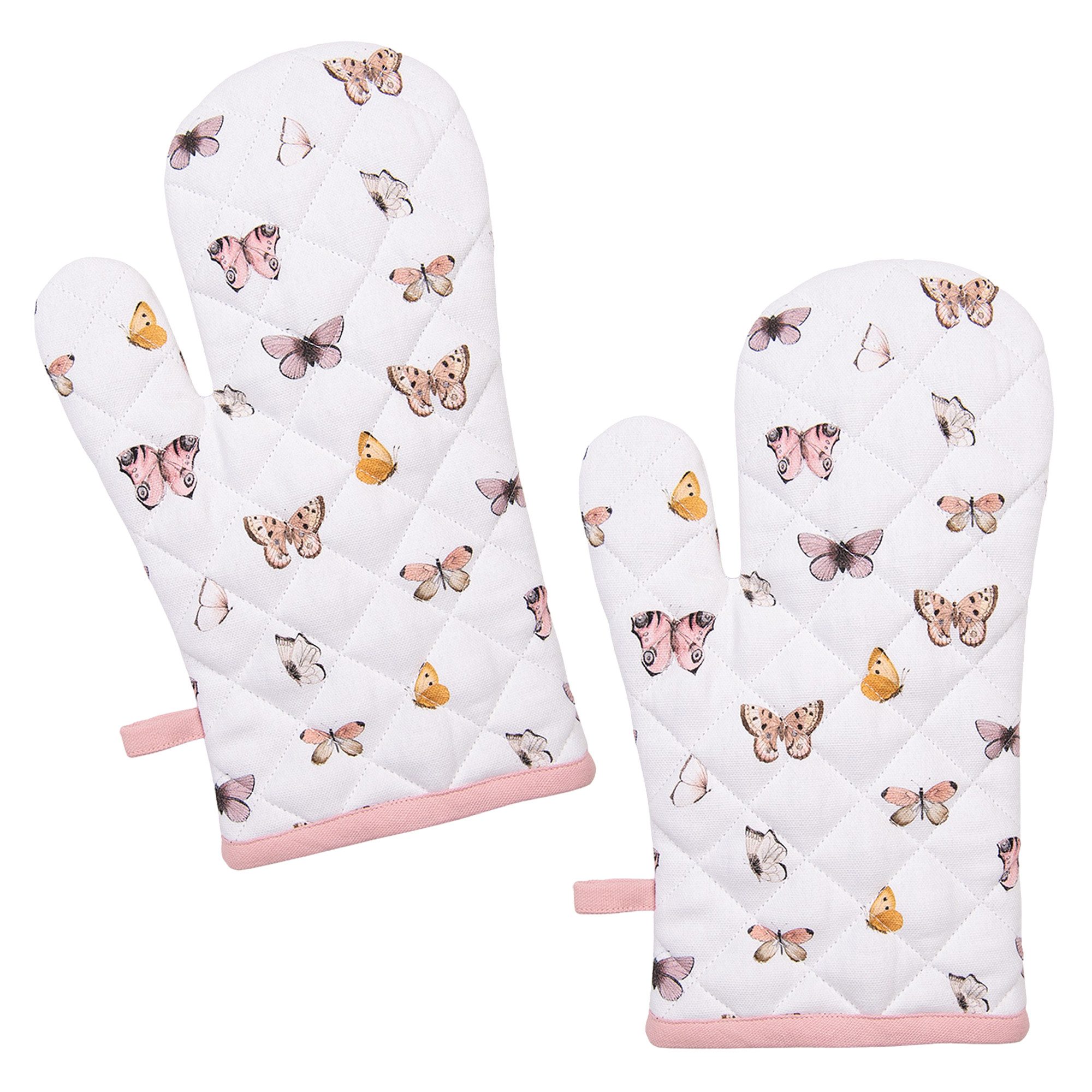 Clayre & Eef Topfhandschuhe Butterfly Paradise, (Set, 2-tlg., 2-teilig), Ofenhandschuhe wattiert Größe: ca.18x30cm