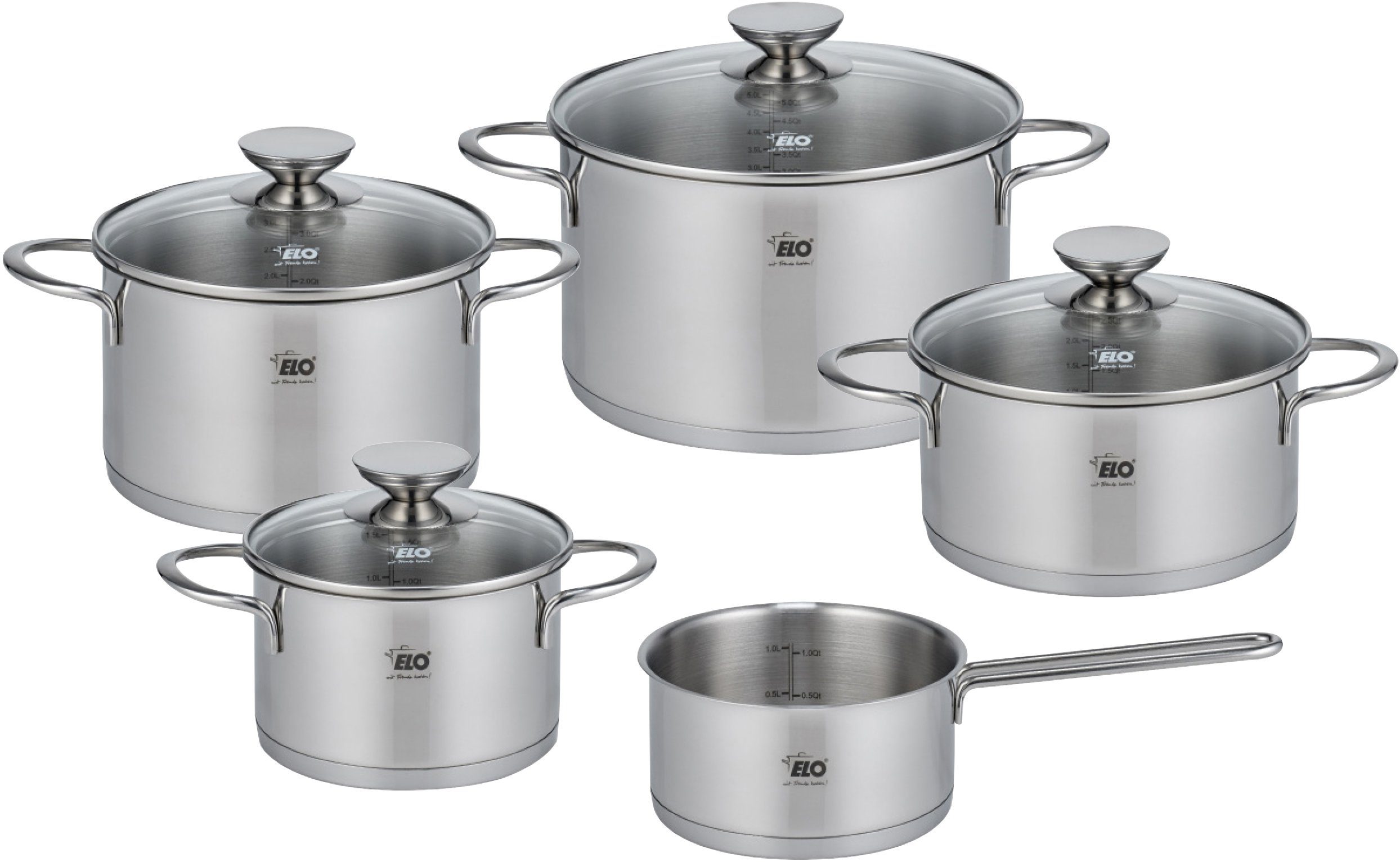 Elo Topf-Set Galant, Edelstahl 18/10 (Set, 9-tlg., Bratentopf Ø 20 cm, Fleischtopf Ø 16/20/24 cm, Stielkasserolle Ø 16 cm), iIntegriertes Öl-Dosiersystem (Oil Optimizer), Induktion